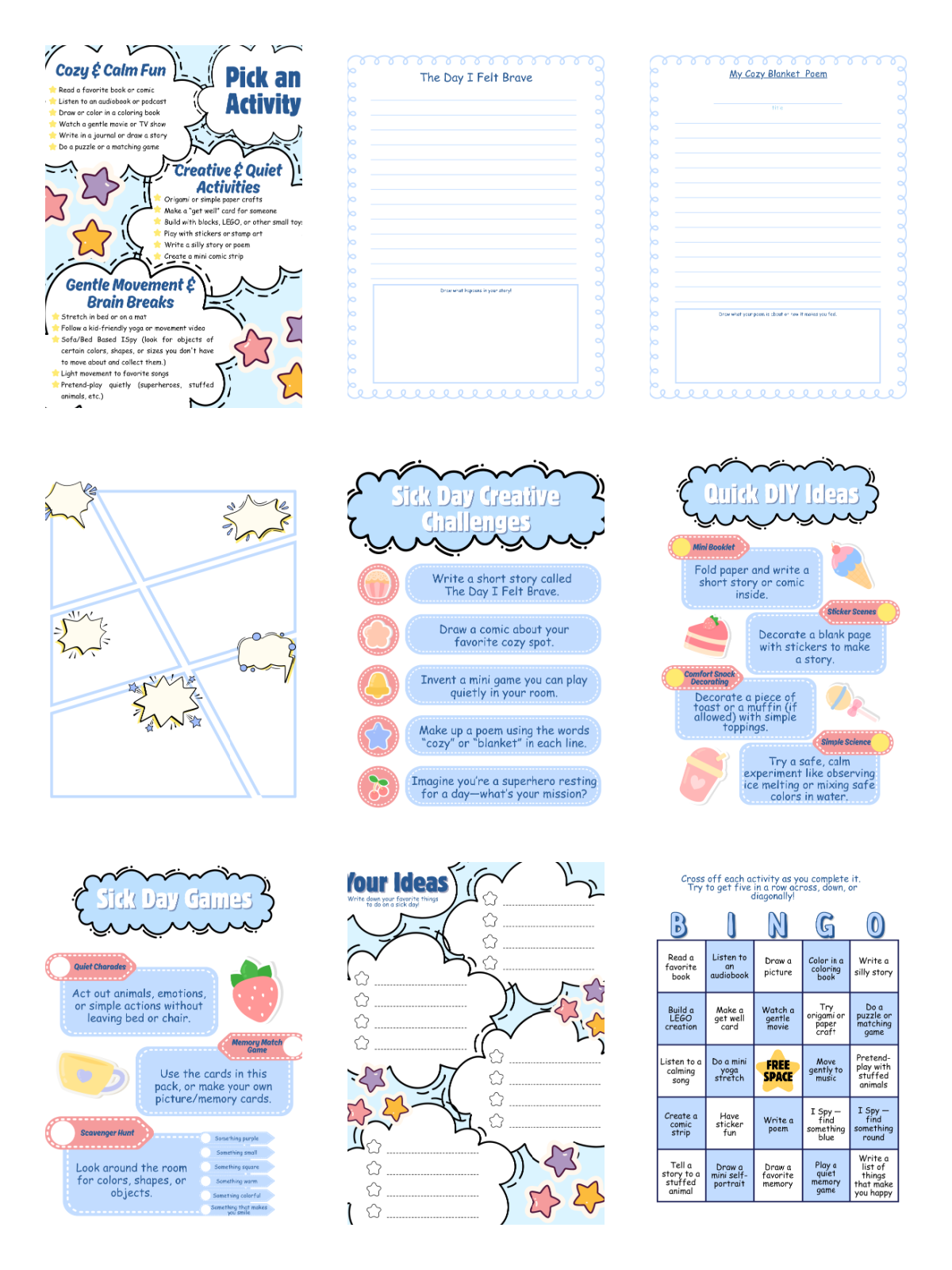 Printable Activity Pack - 9 activities sheets with images, blue and orange, and blank spaces and text - Kids Activities Blog