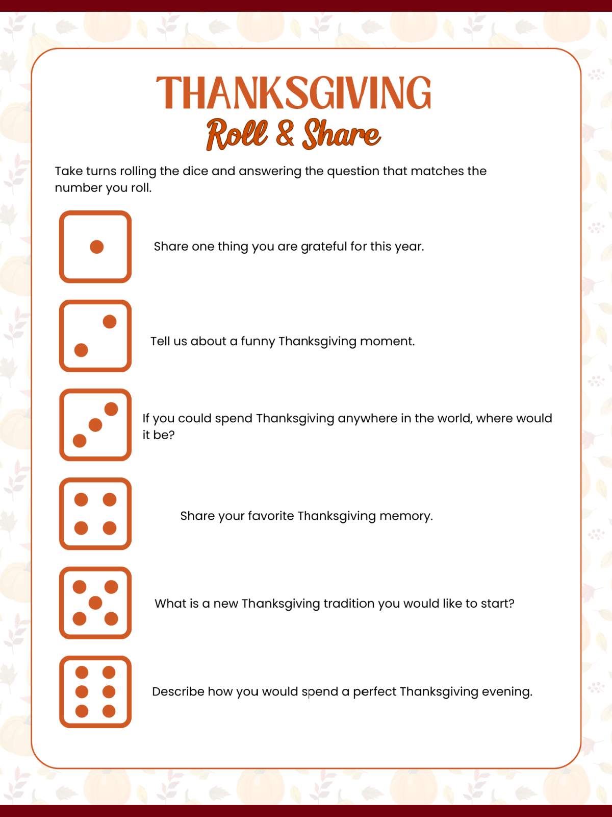 Thanksgiving Memory Game Printables- Text with images of dice printed pdf file- Kids Activities blog