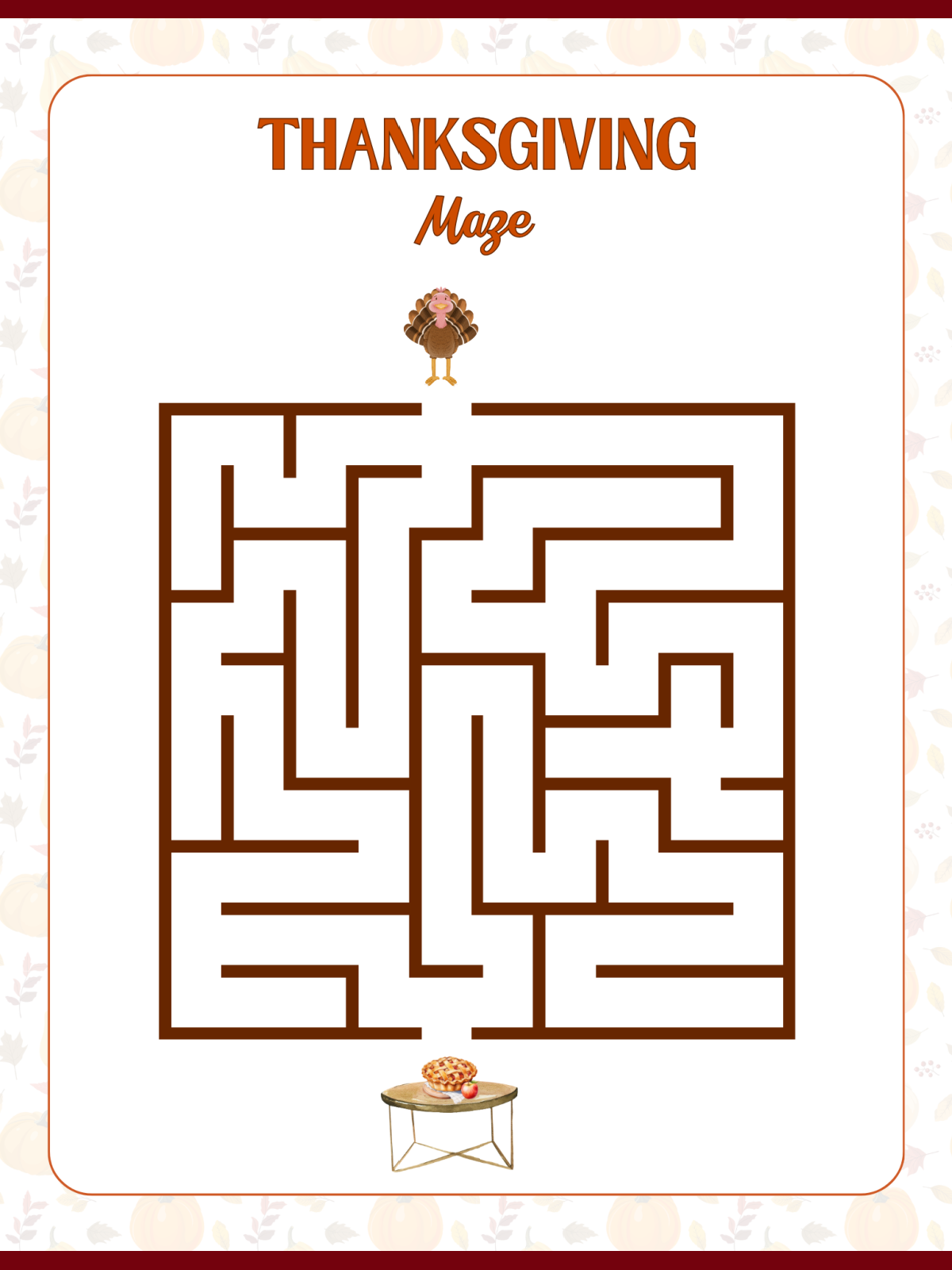 Thanksgiving Memory Game Printables- Turkey maze with pie printed pdf file- Kids Activities blog