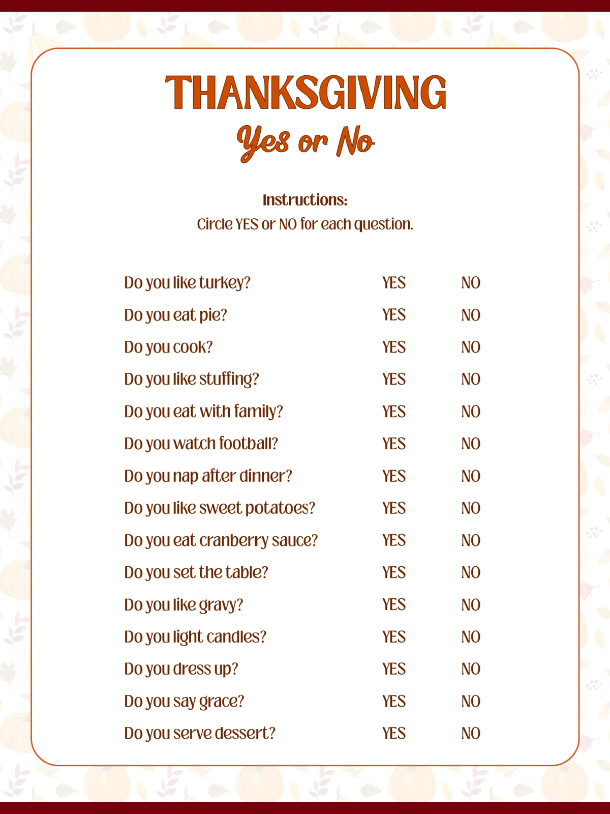 Thanksgiving Memory Game Printables- yes or no with text printed pdf file - Kids Activities blog