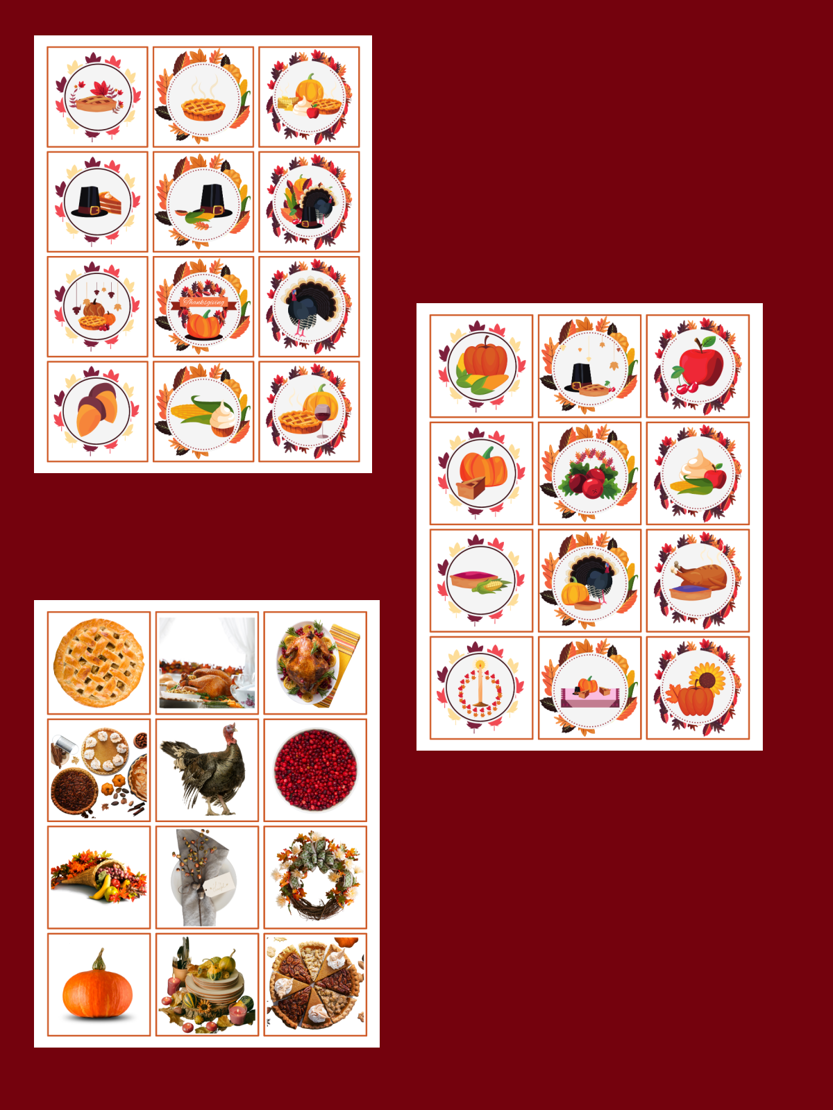 Thanksgiving Memory Game Printables- Colored pictures of Thanksgiving themes on cards printed pdf file- Kids Activities blog