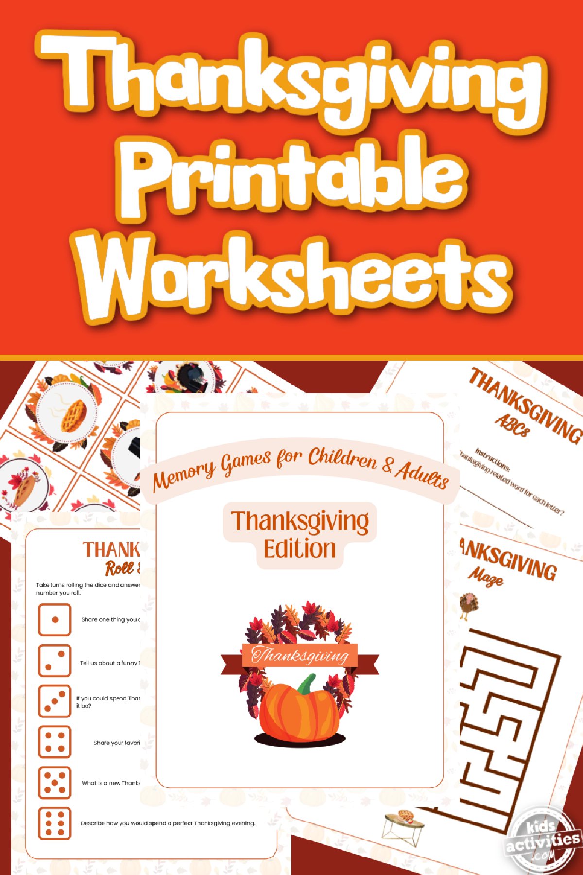 Thanksgiving Memory Games- Text, red background, and printable worksheets- kids activities blog
