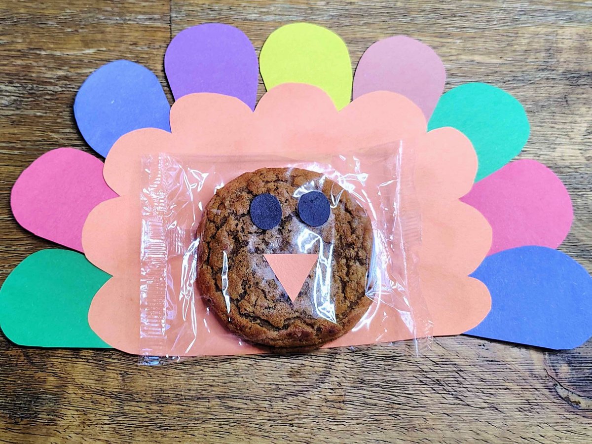 Turkey Craft- Step 7- Beak and eyes glued on cookie - Kids Activities Blog