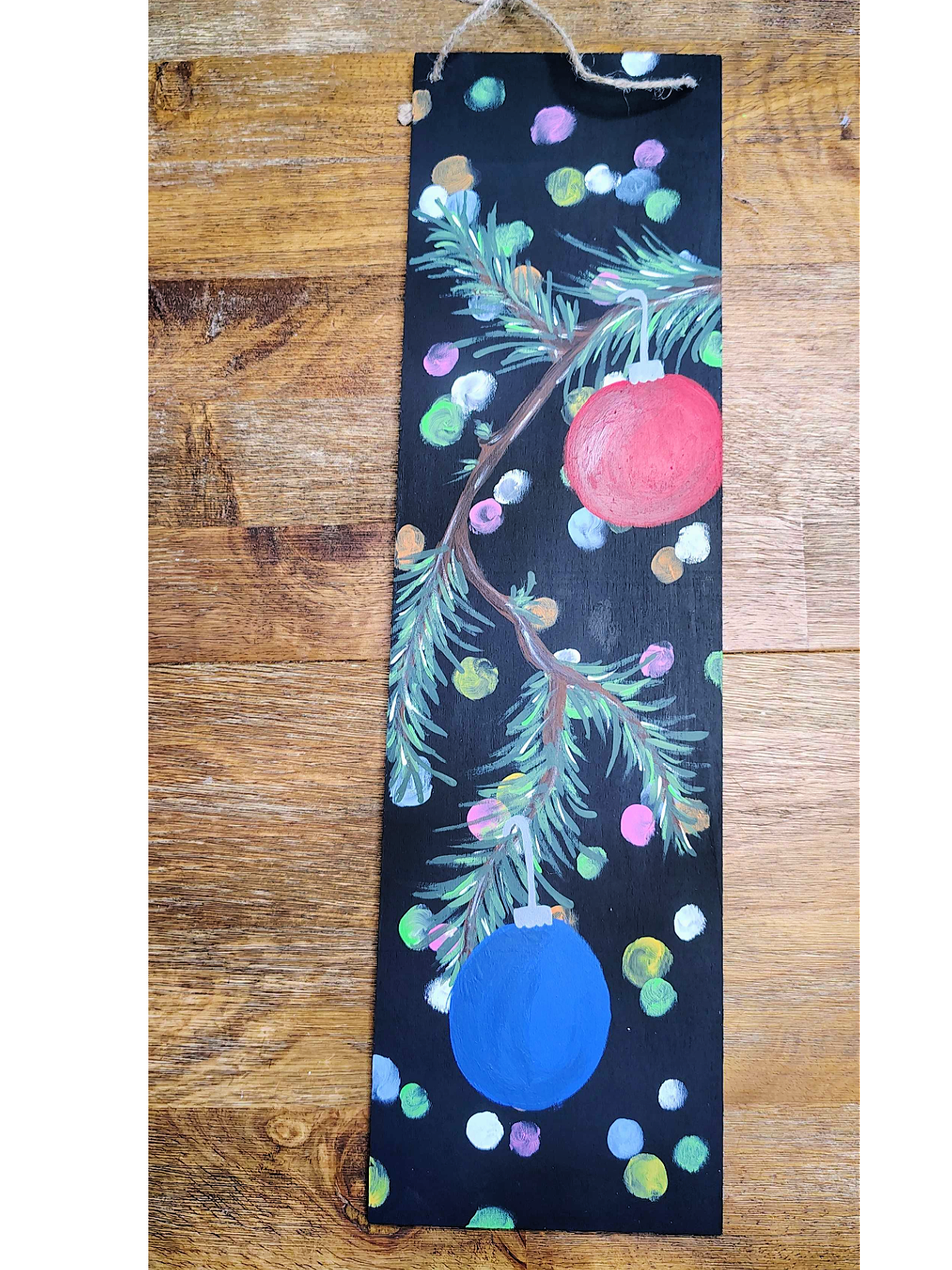 Ornament Painting- Step 8- Red and blue ornament added to the branches - Kids Activities Blog