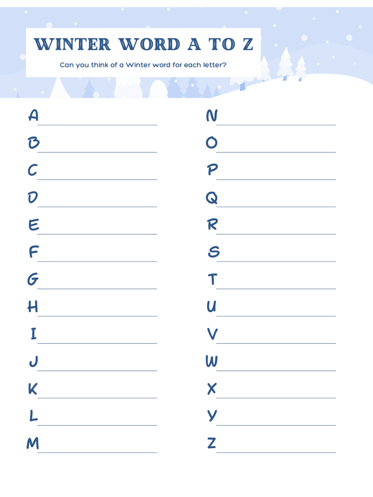 Activity Sheets- winter alphabet with blanks- Kids Activities Blog