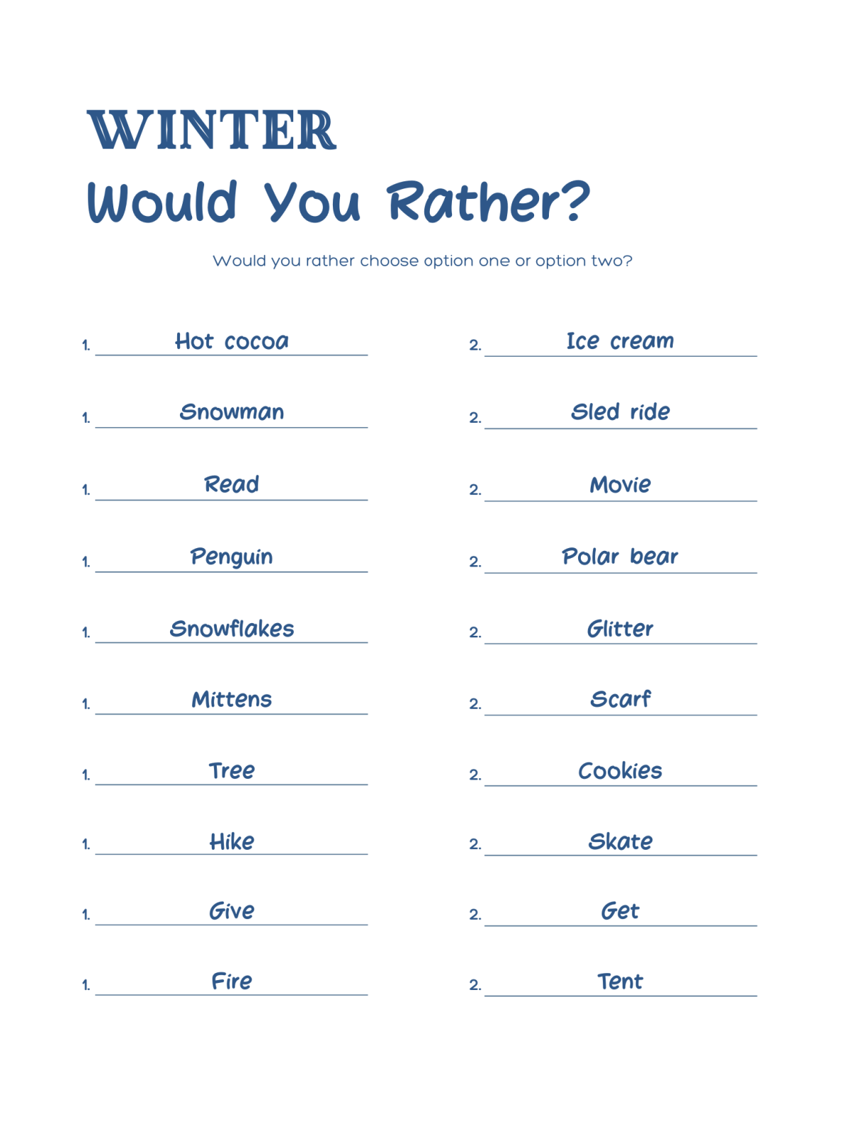 Activity Sheets- would you rather with text and line - Kids Activities Blog