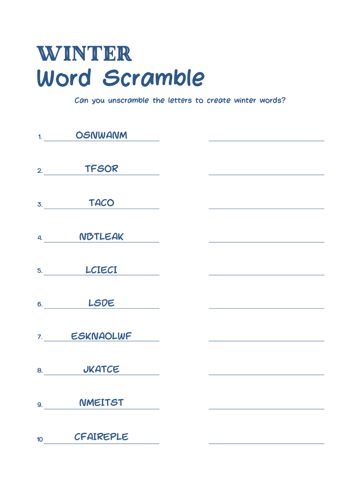 Activity Sheets- scrambled words with blank lines - Kids Activities Blog