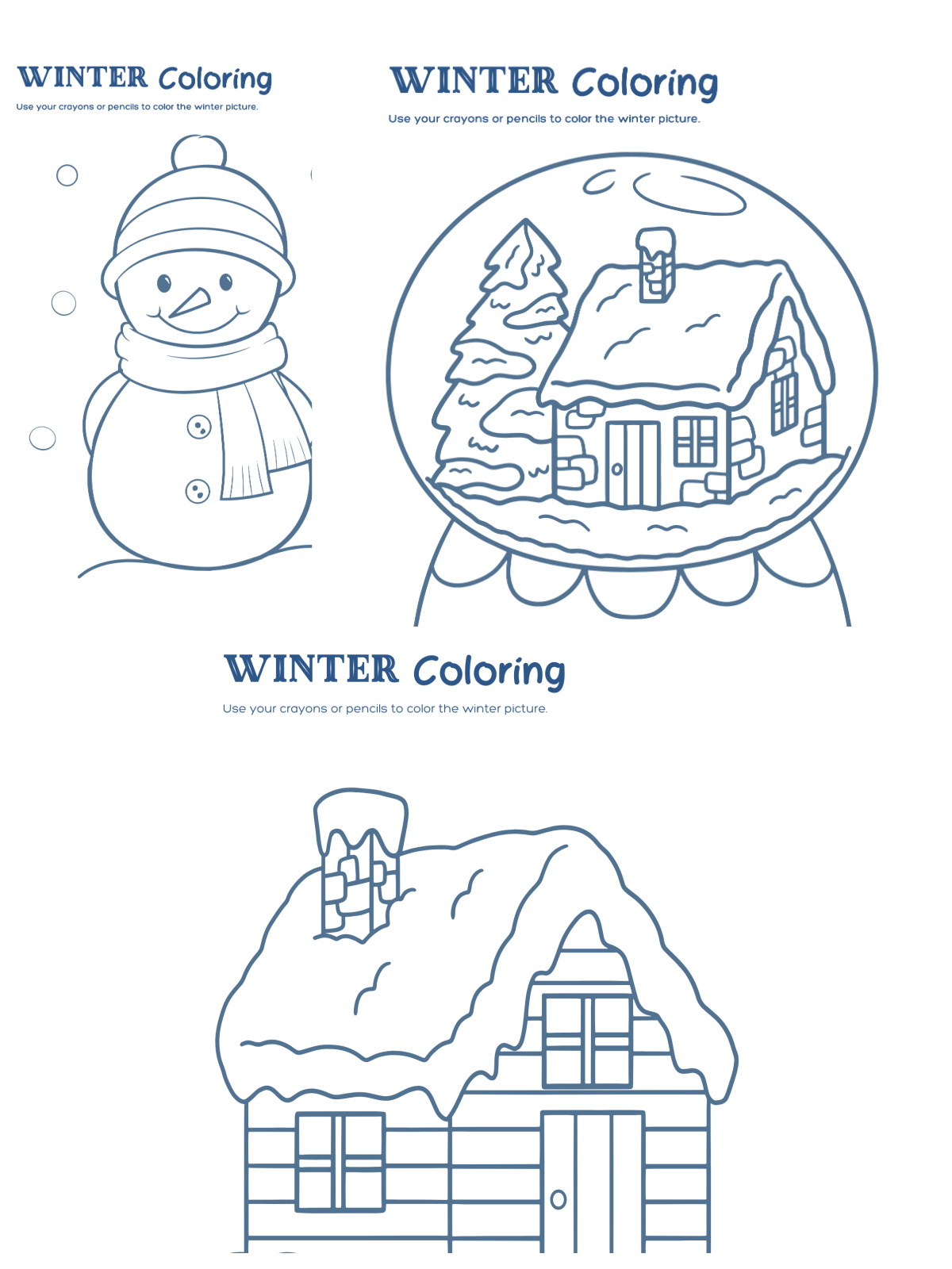 Activity Sheets- Coloring pages with snowman, snow globe, and cottage - Kids Activities Blog