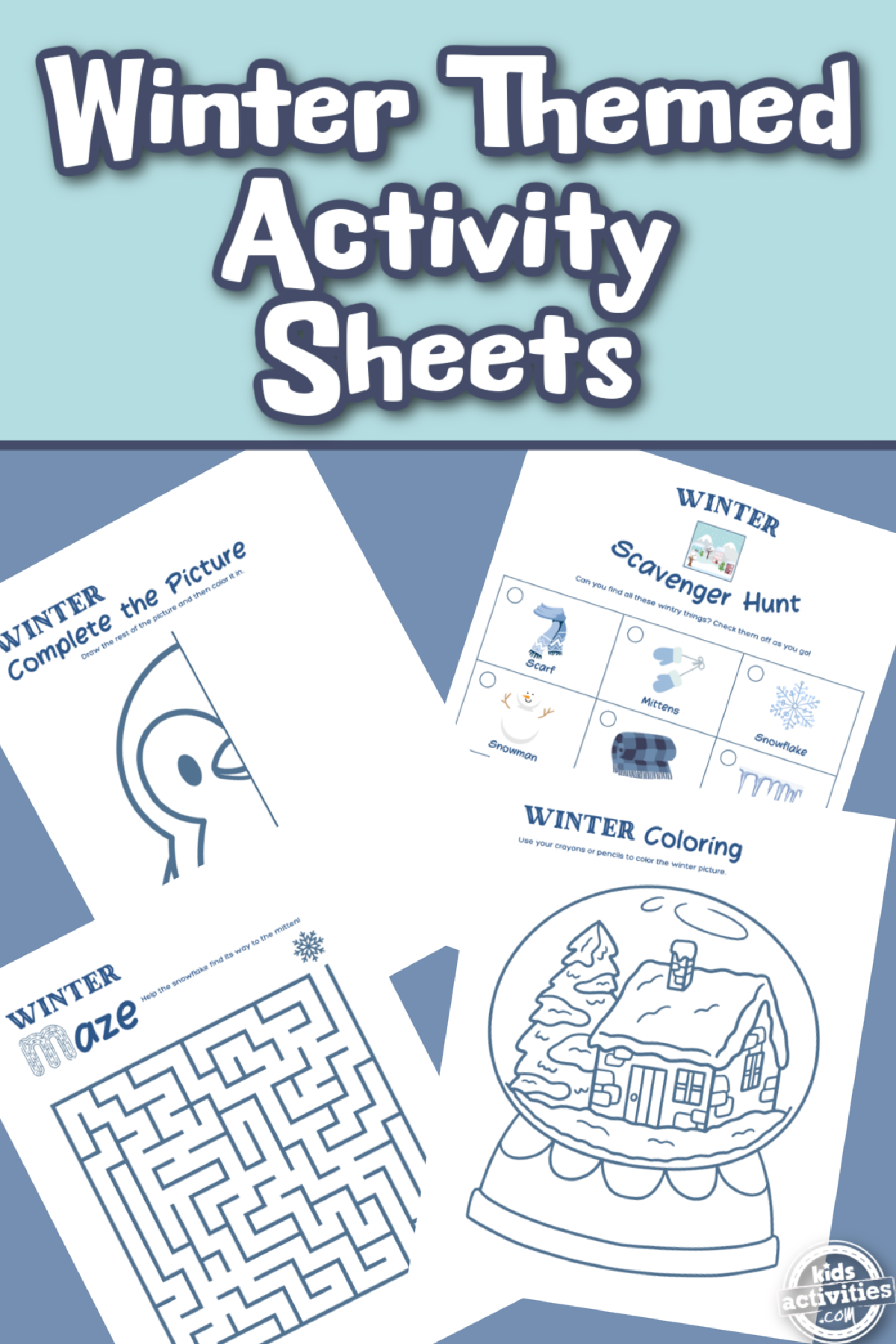 Activity Book For Kids- sheets and printables with images and text with blue background- kids activities blog