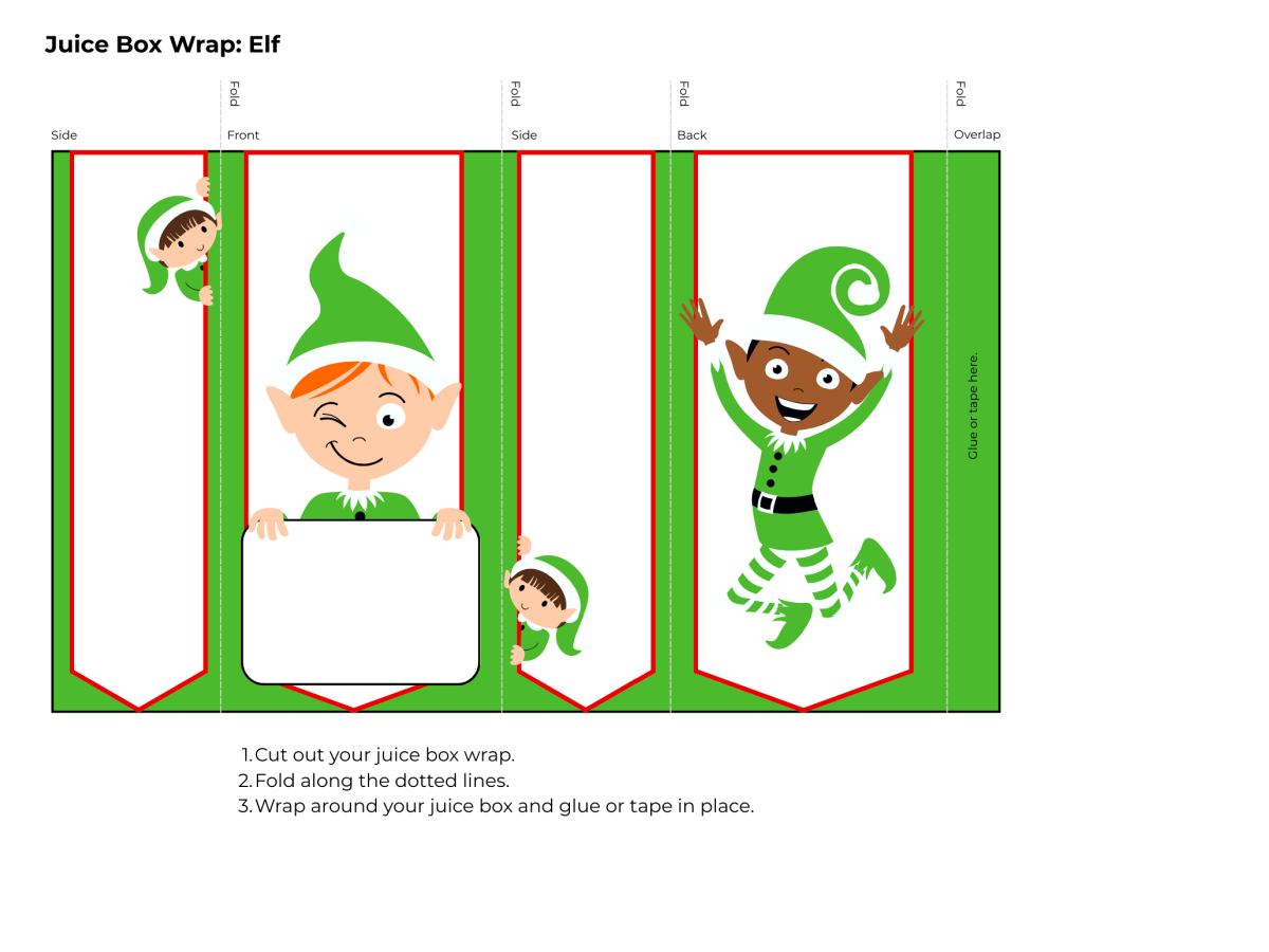 Printable Juice Box Cover- elves with green printed pdf file-kids activities blog
