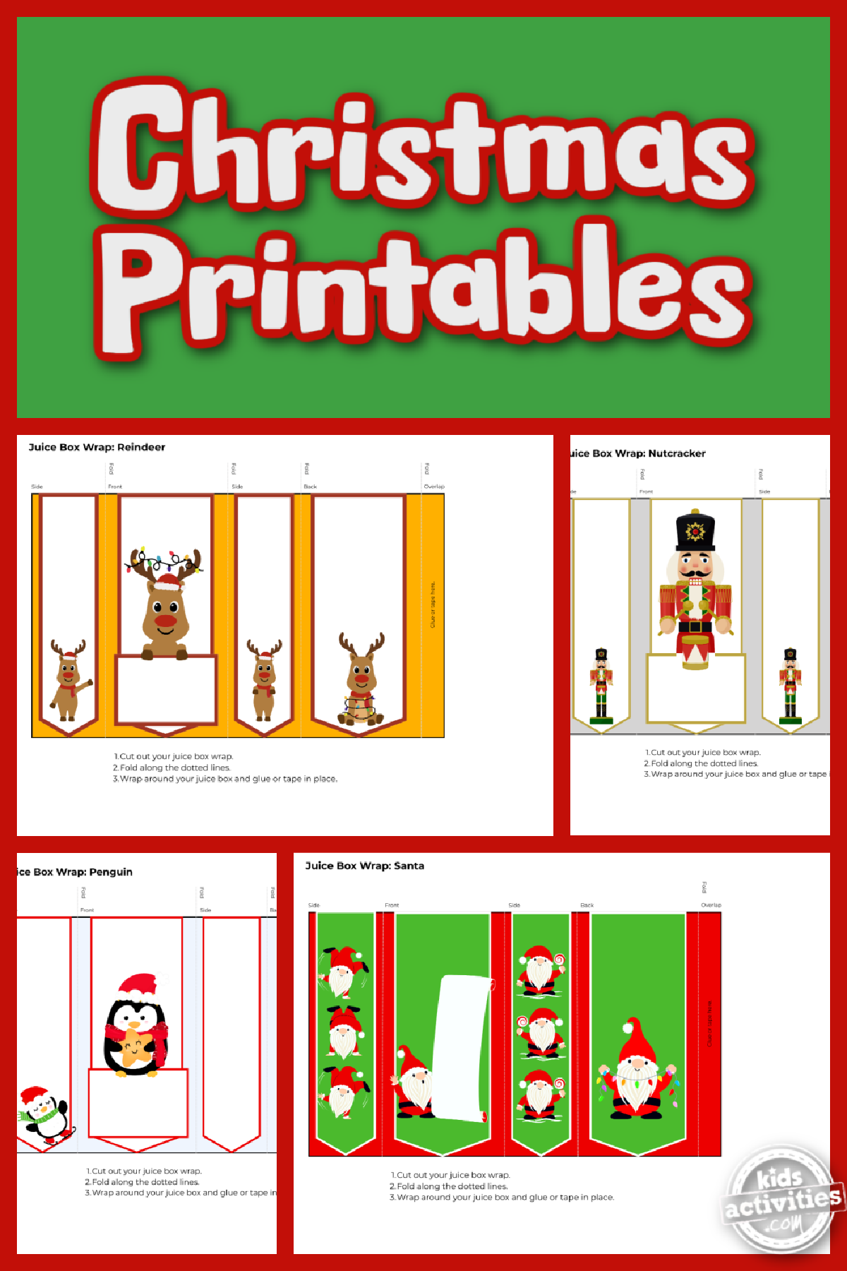 Christmas Printables- Juice box covers with Christmas theme, red and green and text- kids activities blog