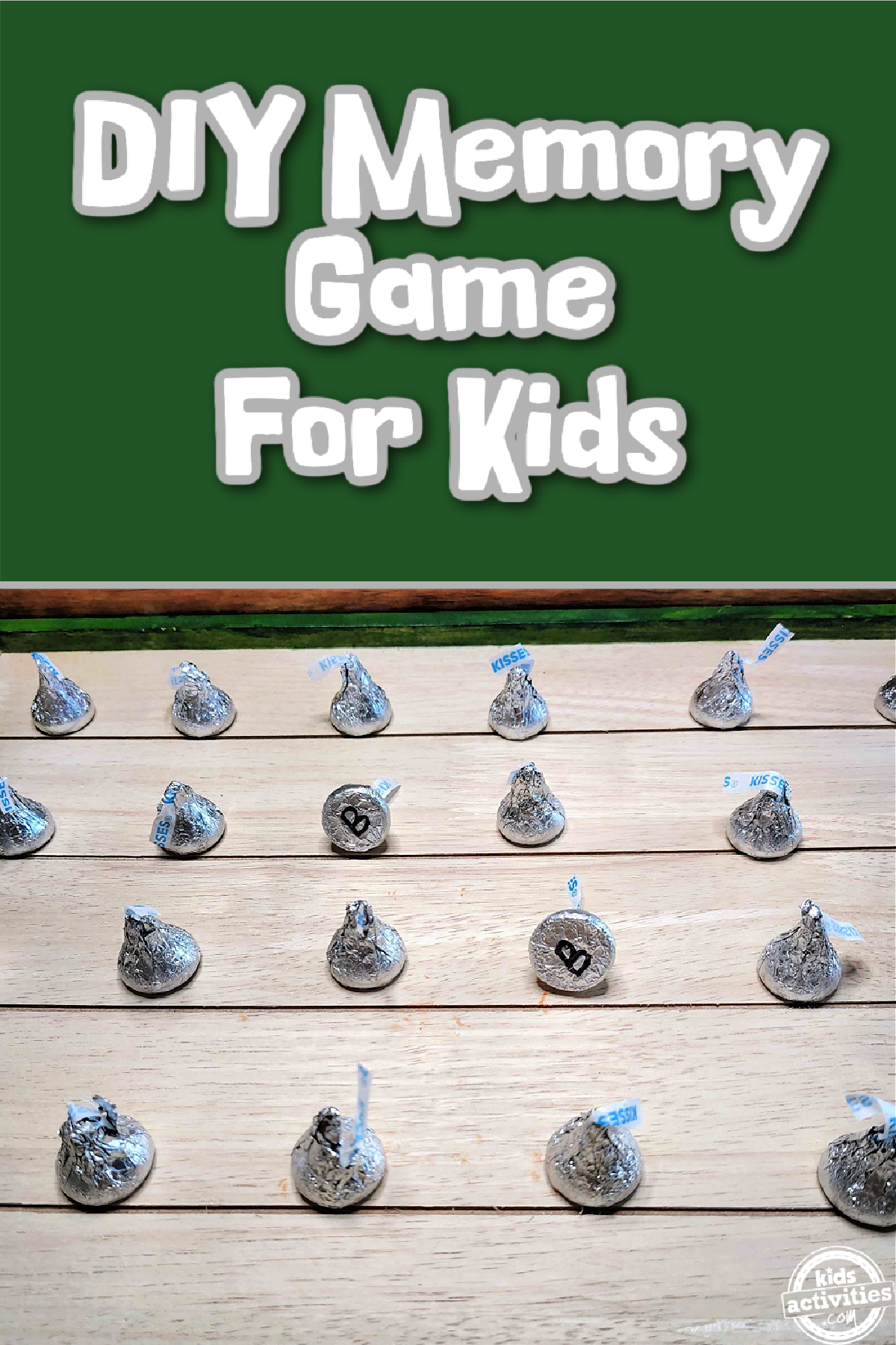 Memory Game- hershey kisses lined up and flipped on wooden board- kids activities blog