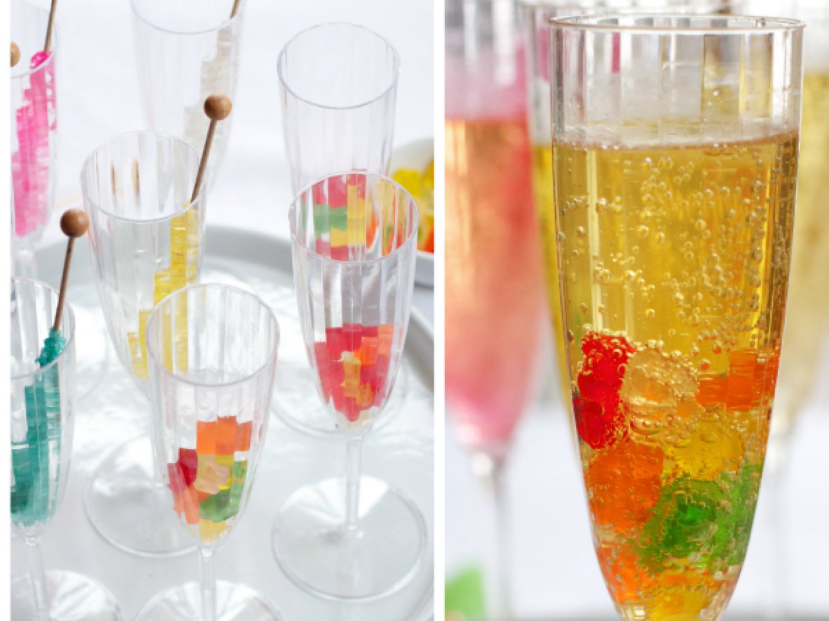 New Years Eve Mocktails- gummy bear and rock candy in bubbly drink -Kids Activities Blog