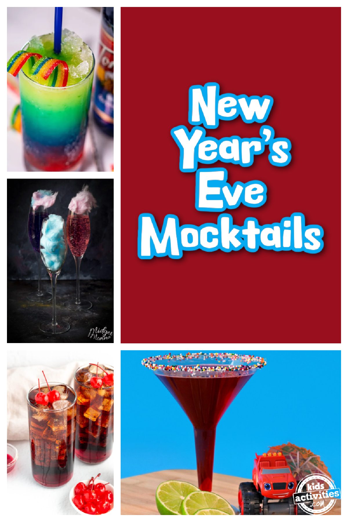 New Years Eve Mocktails with text and red background- kids activities blog