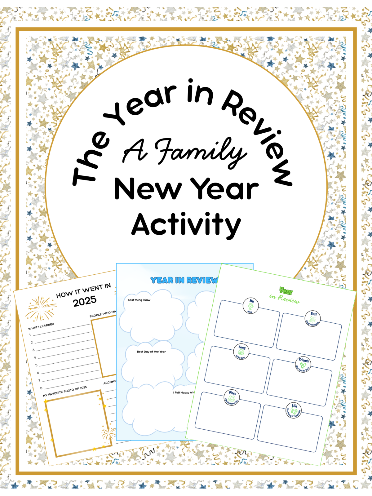 New Years Printables- stars in gold and blue with text and printed pdf files-Kids Activities Blog