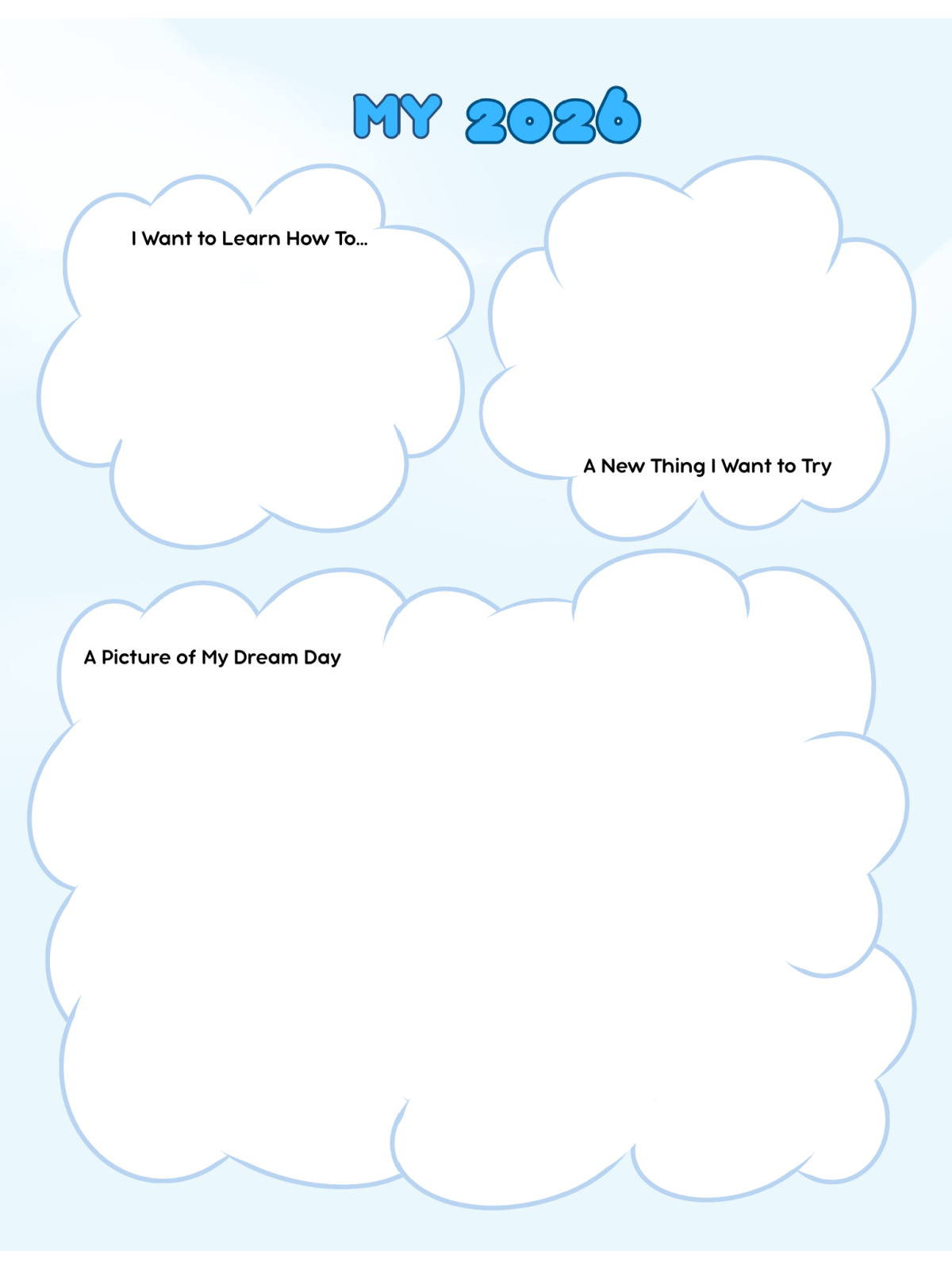 New Years Printables- white clouds with blue background and text -Kids Activities Blog