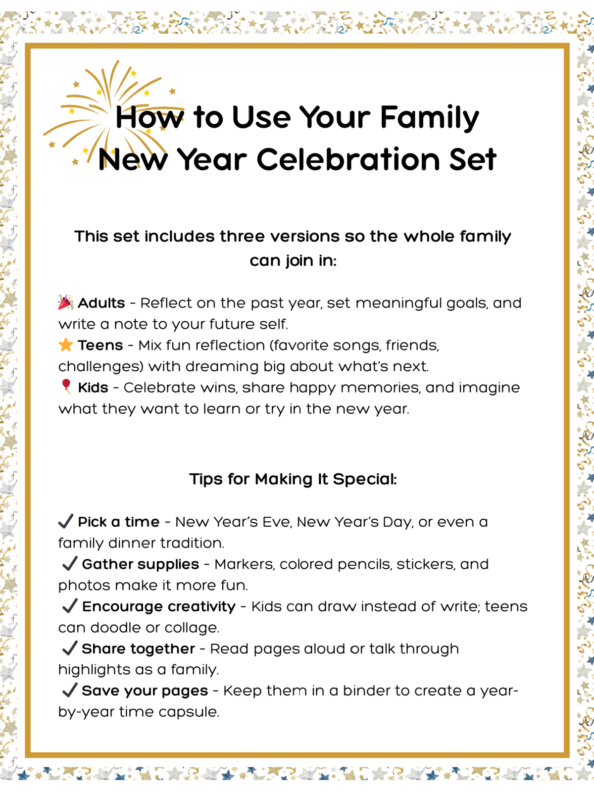 New Years Printables- instruction page with star border and text-Kids Activities Blog