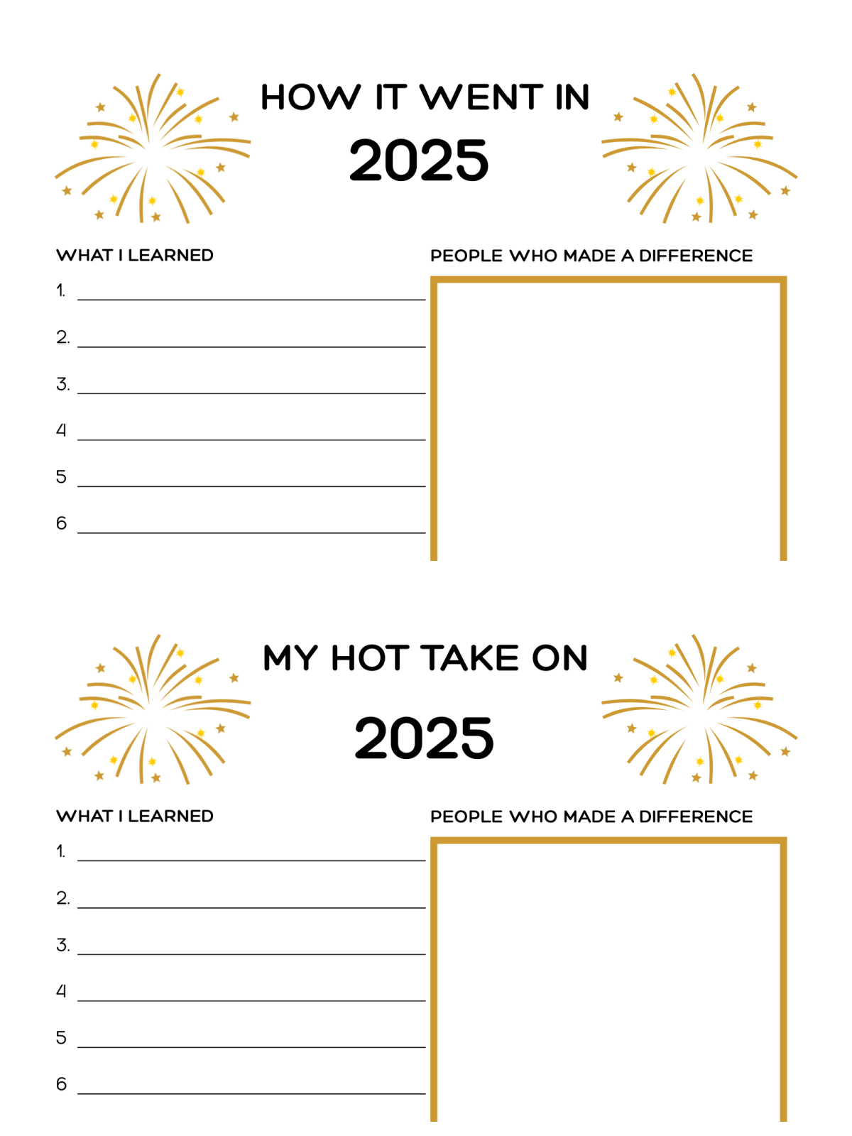 New Years Printables- printable with gold fire works, text, and words -Kids Activities Blog
