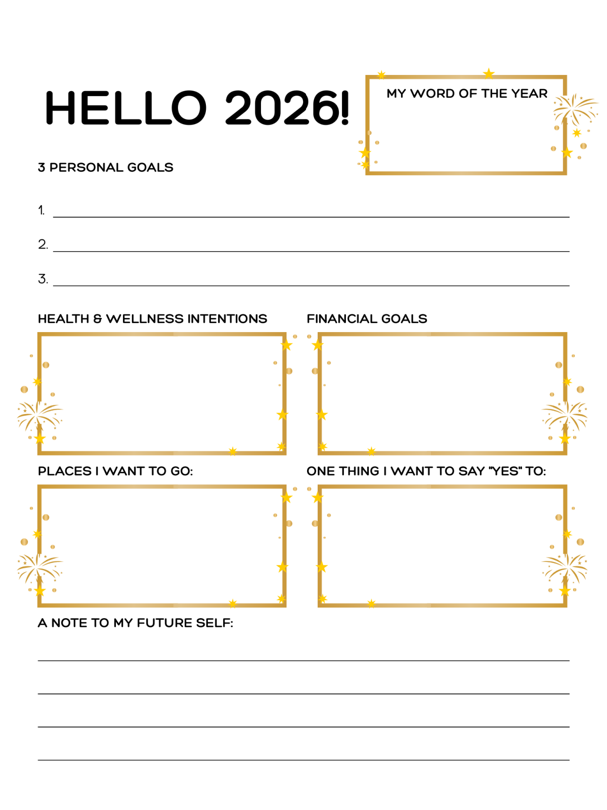 New Years Printables- golden fireworks and boxes and text -Kids Activities Blog
