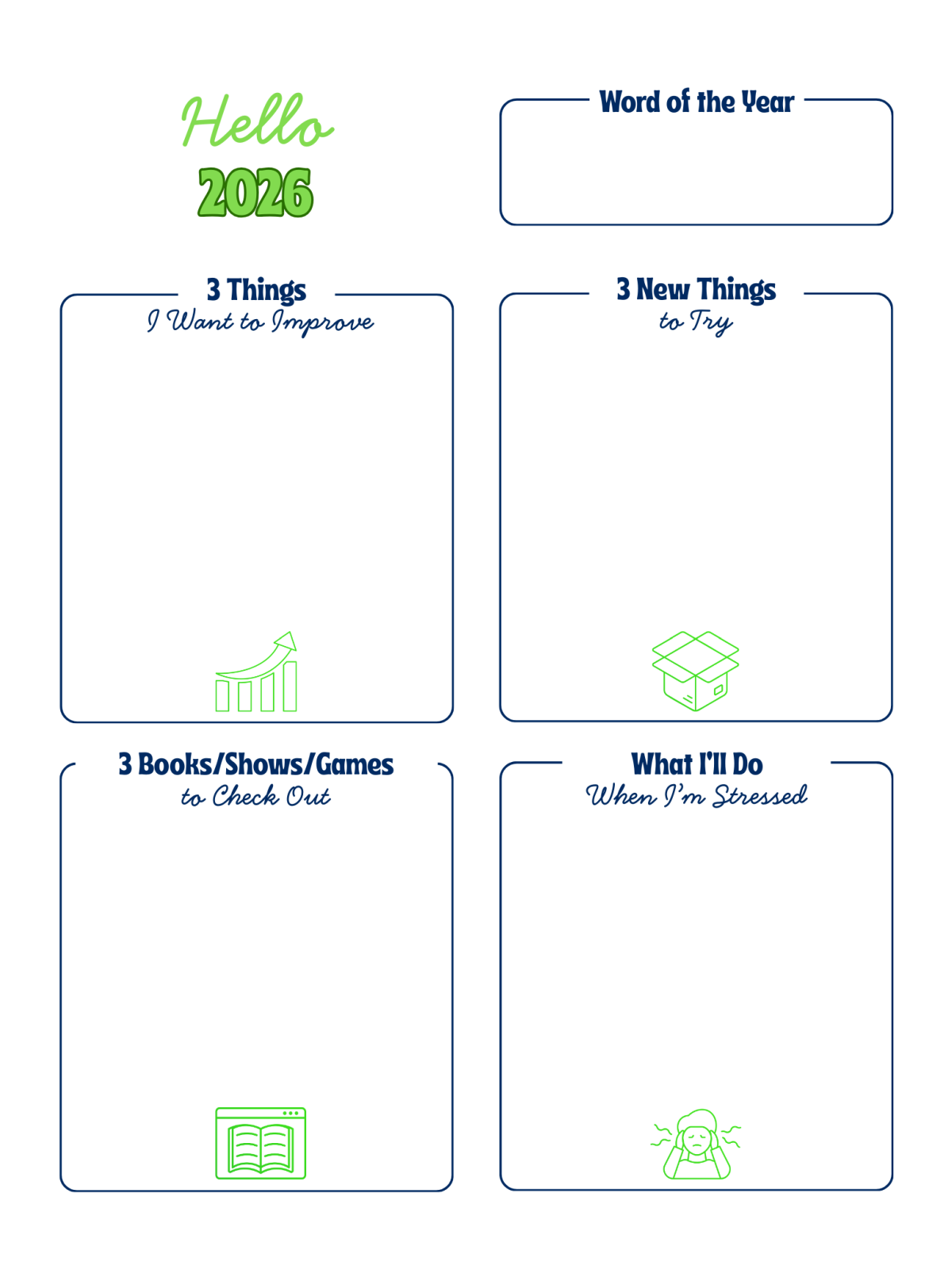 New Years Printables- blue boxes with text and green images -Kids Activities Blog