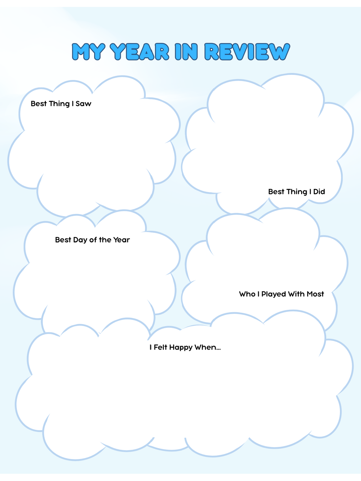 New Years Printables- blue background with clouds and text -Kids Activities Blog