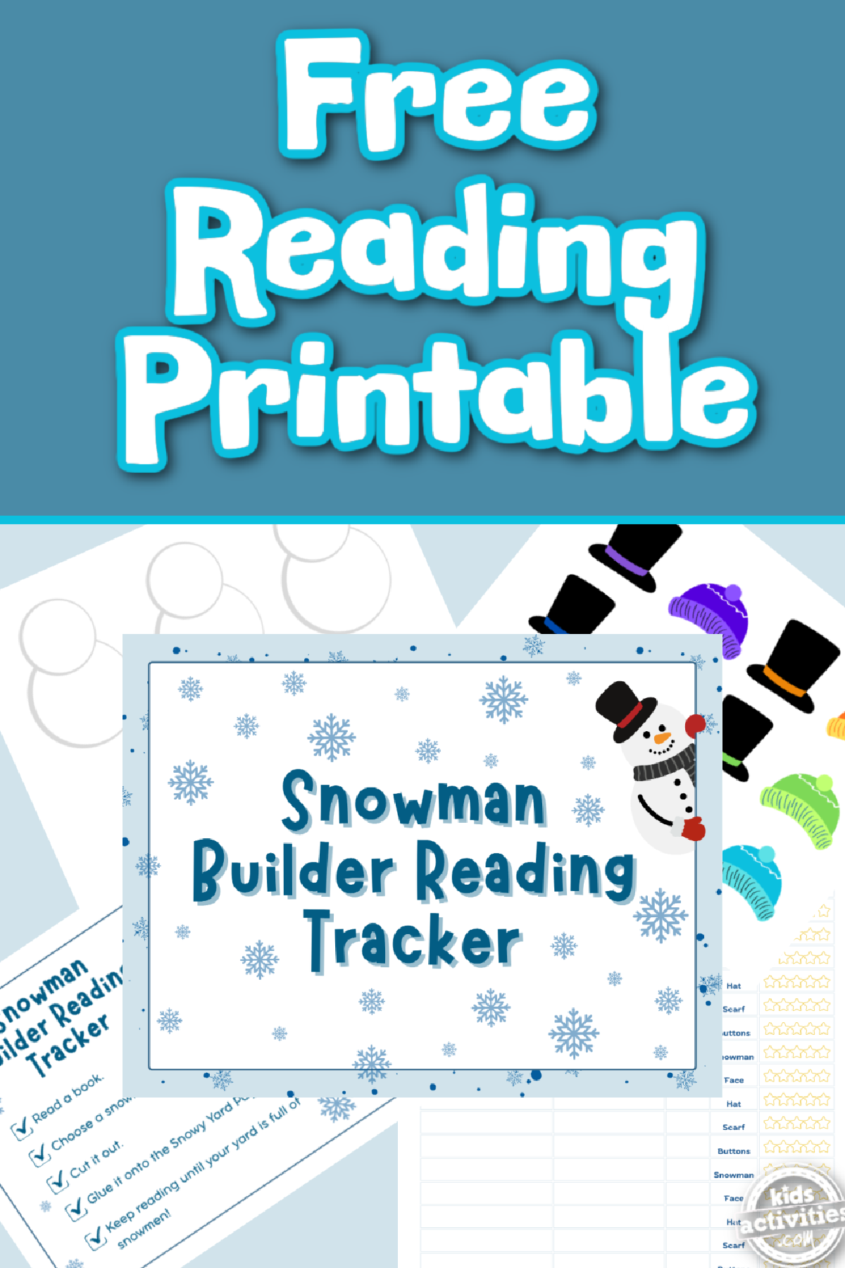 Reading Tracker- printables on a blue background with text- kids activiites blog