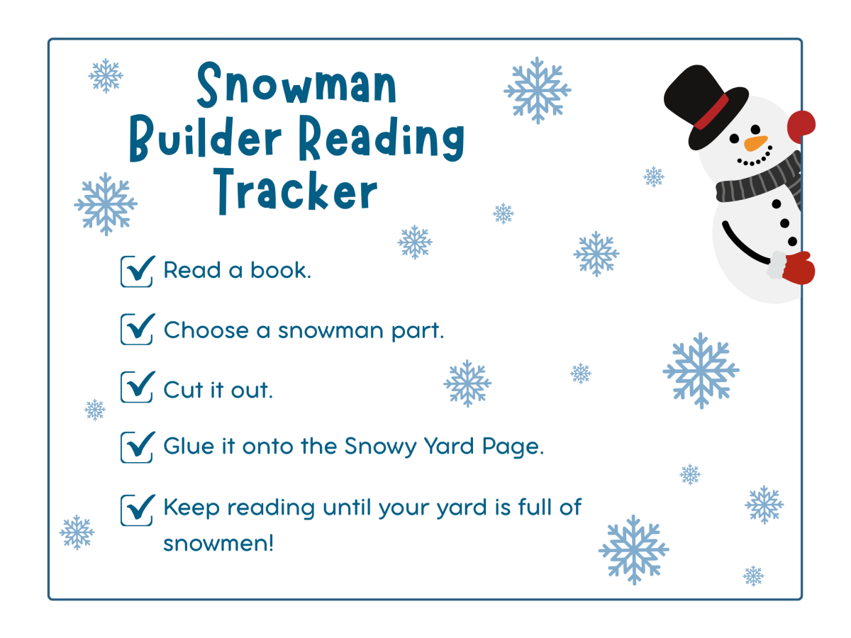 Reading Tracker- text with snow and snowman on white and blue background with instructions - Kids Activities Blog