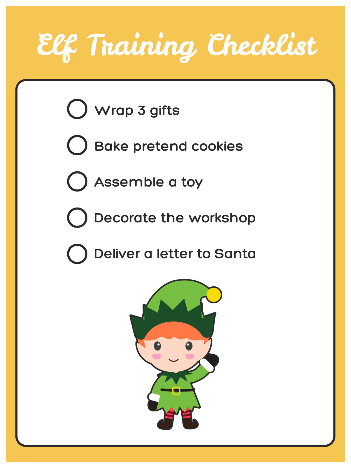 Santa's Workshop- Yellow elf checklist with words and an elf - Kids Activities Blog