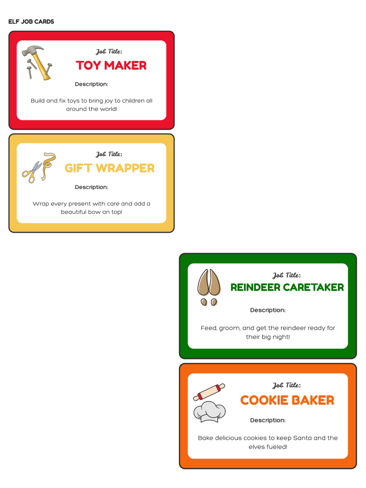 Santa's Workshop- Elf Jobs with colors and text - Kids Activities Blog