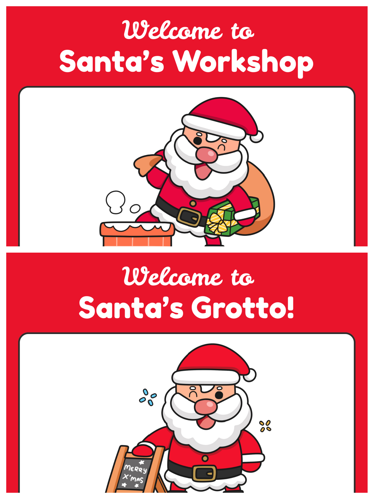 Santa's Workshop- Welcome signs with workshop and grotto with images of santa- Kids Activities Blog