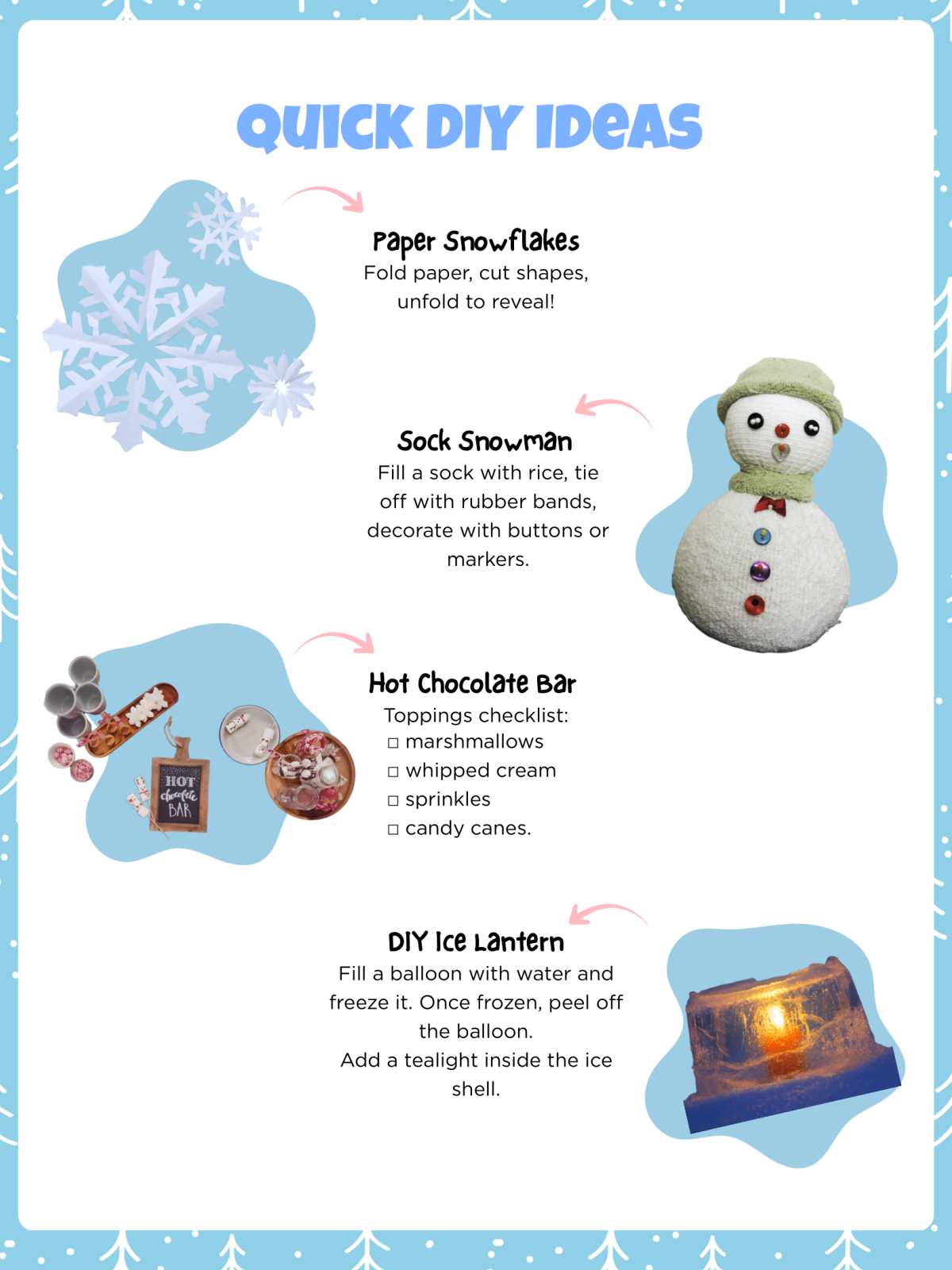 Snow Day Activity Book- DIY craft list with images and words and arrows - Kids Activities Blog
