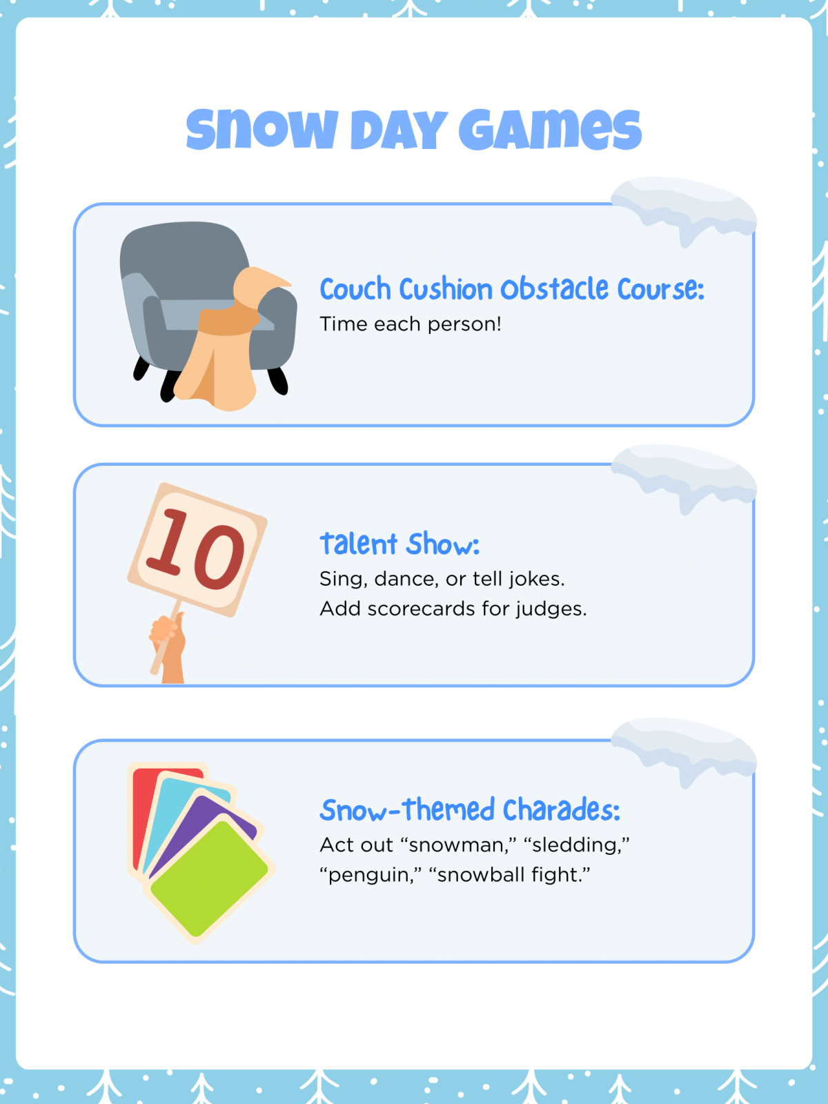 Snow Day Activity Book- list of games with images and text- Kids Activities Blog