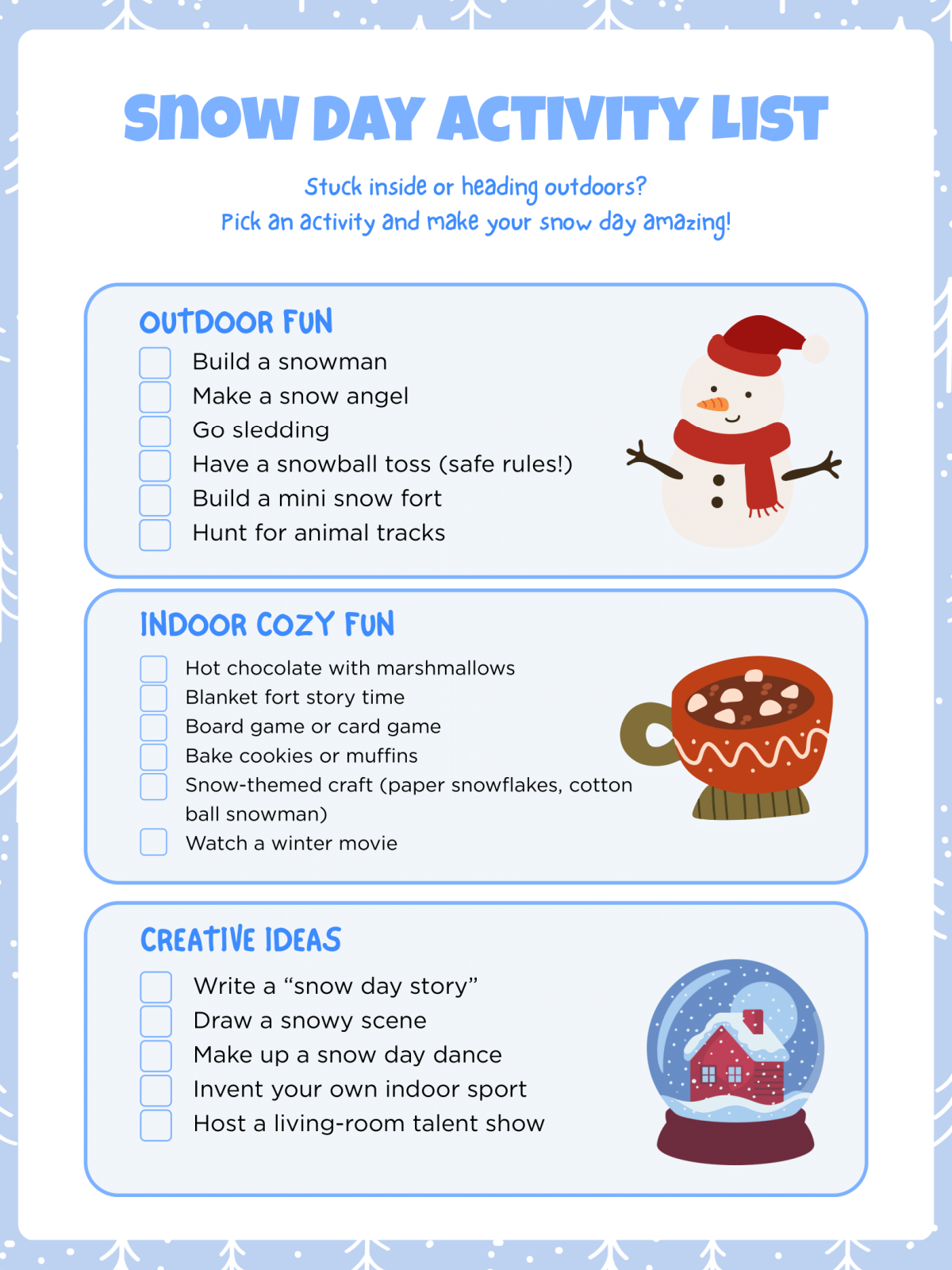 Snow Day Activity Book- Activity list with text and images- Kids Activities Blog