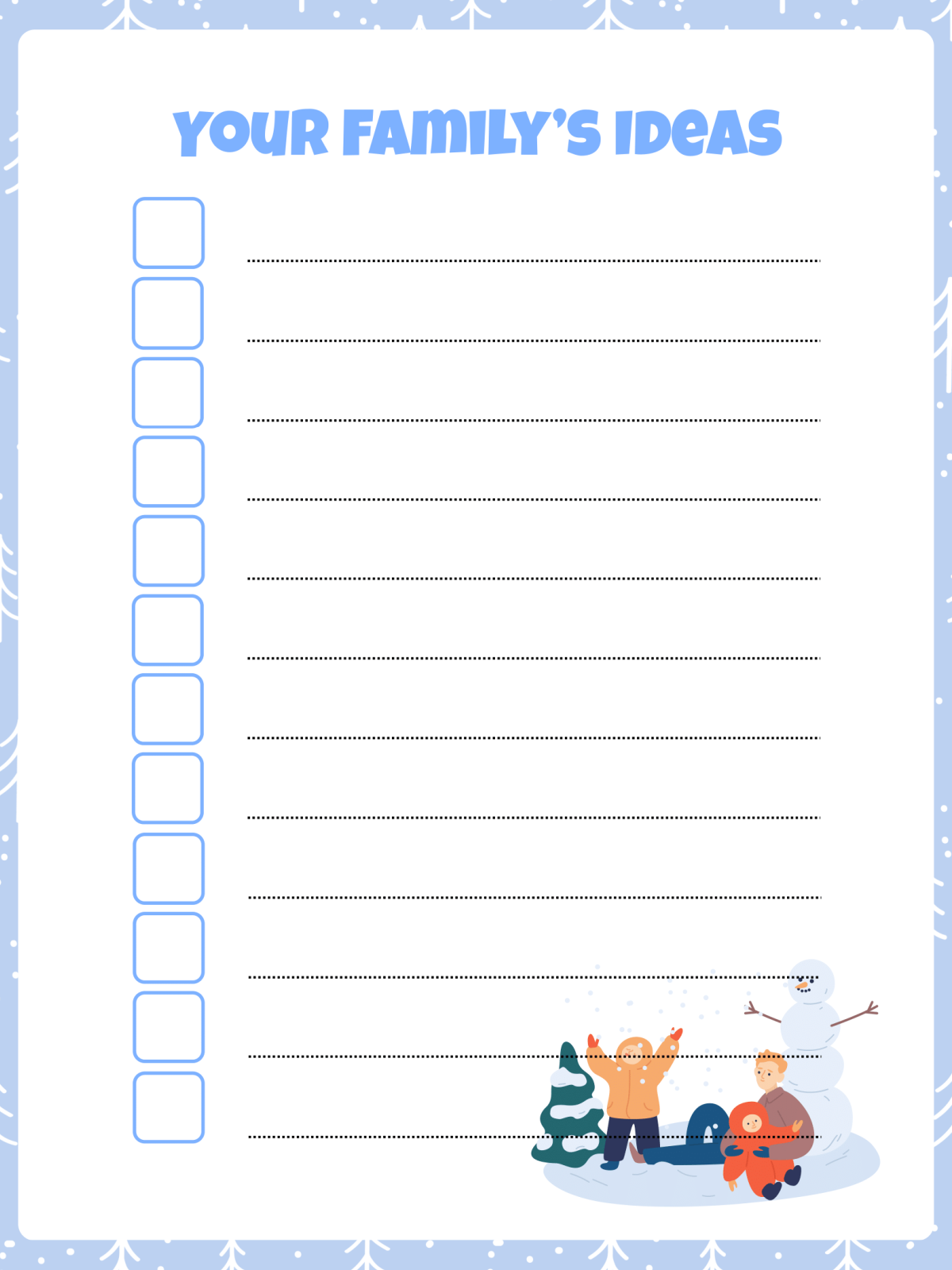 Snow Day Activity Book- family idea page with text, blanks, and images- Kids Activities Blog