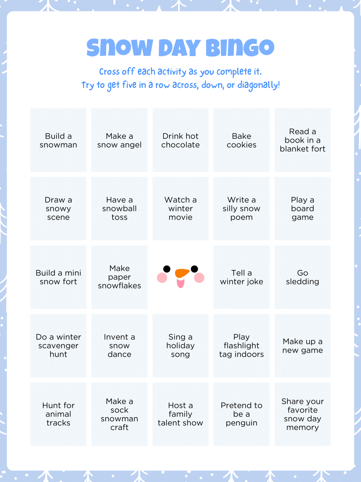 Snow Day Activity Book- bingo card with images text - Kids Activities Blog