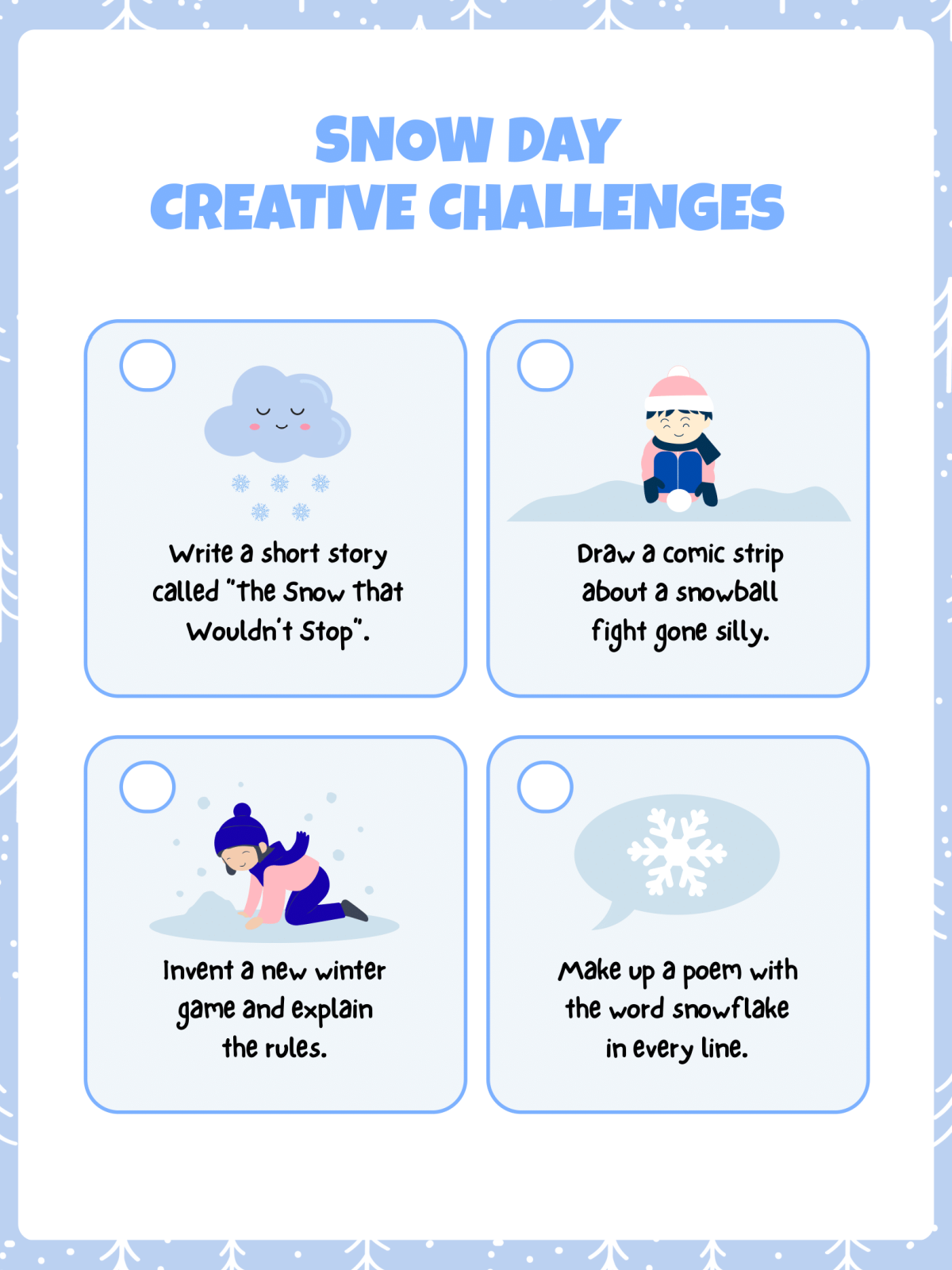 Snow Day Activity Book- Challenge page with 4 squares images and text - Kids Activities Blog