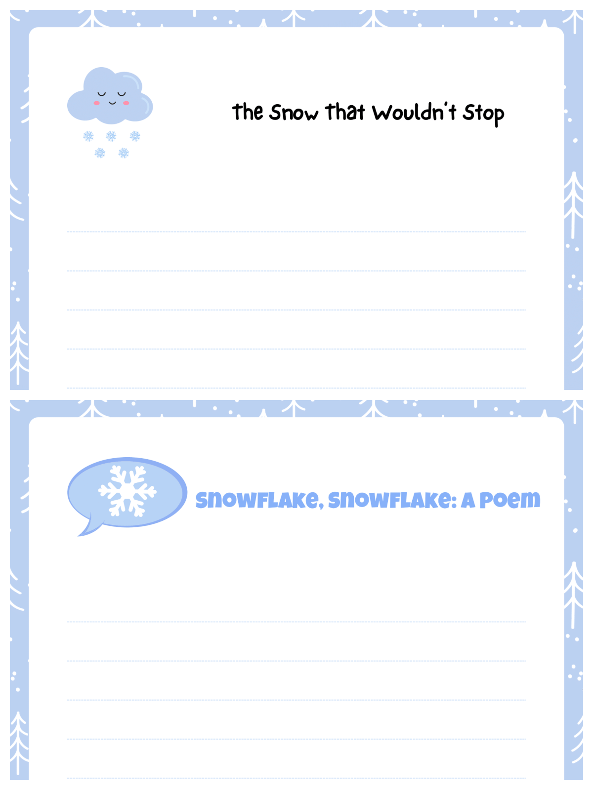 Snow Day Activity Book- two writing sheets with images and text - Kids Activities Blog