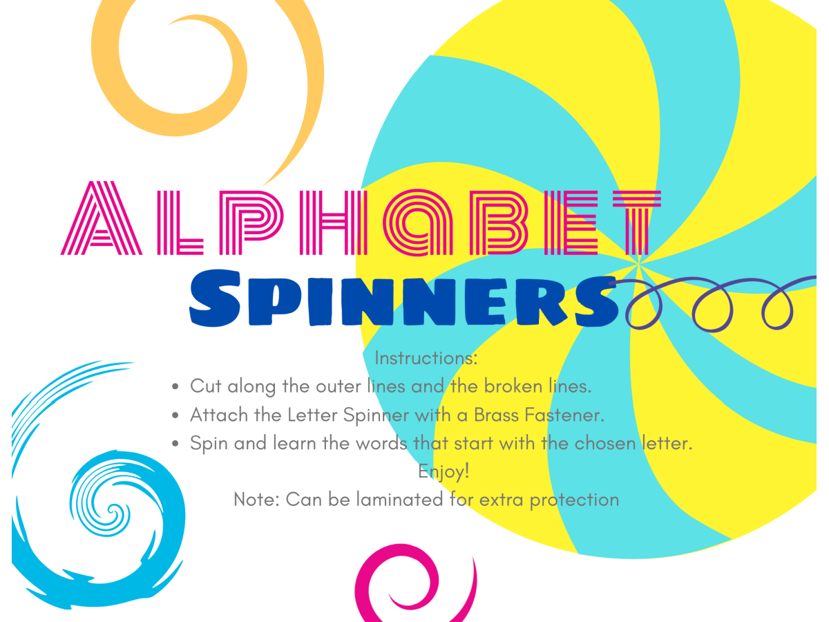 Alphabet Printable cover with swirls and text, yellow blue pink and purple- kids activities blog