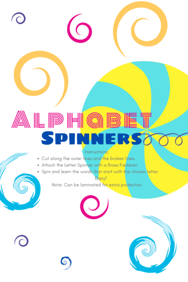 Alphabet Printables with swirls and text, pink, yellow, blue dark blue pink- kids activities blog