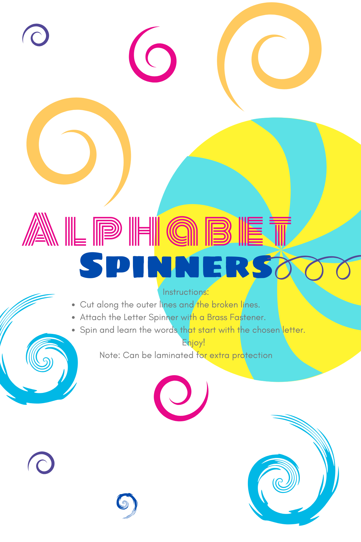 Alphabet Printables with swirls and text, pink, yellow, blue dark blue pink- kids activities blog