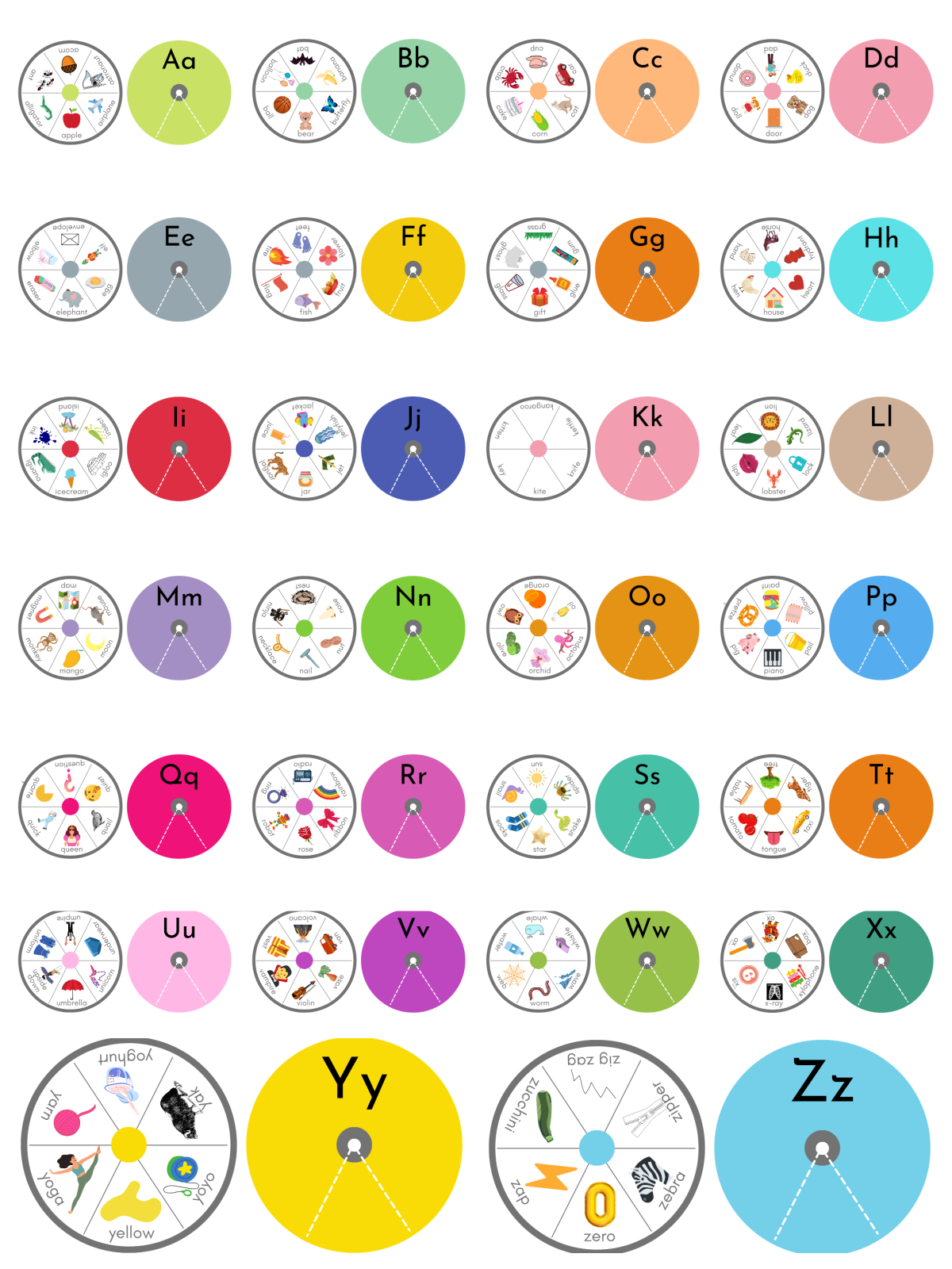 26 Alphabet printable templates with letters, pictures, colors, and lower case upper case letters