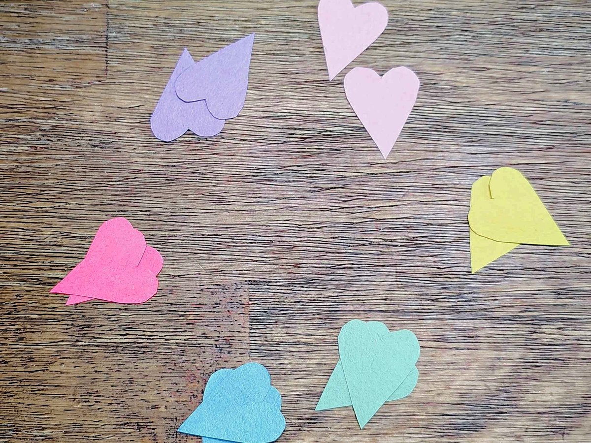 Bible Craft- Step 1.75- Cut out hearts purple, pink yellow, green, blue red - Kids Activities Blog