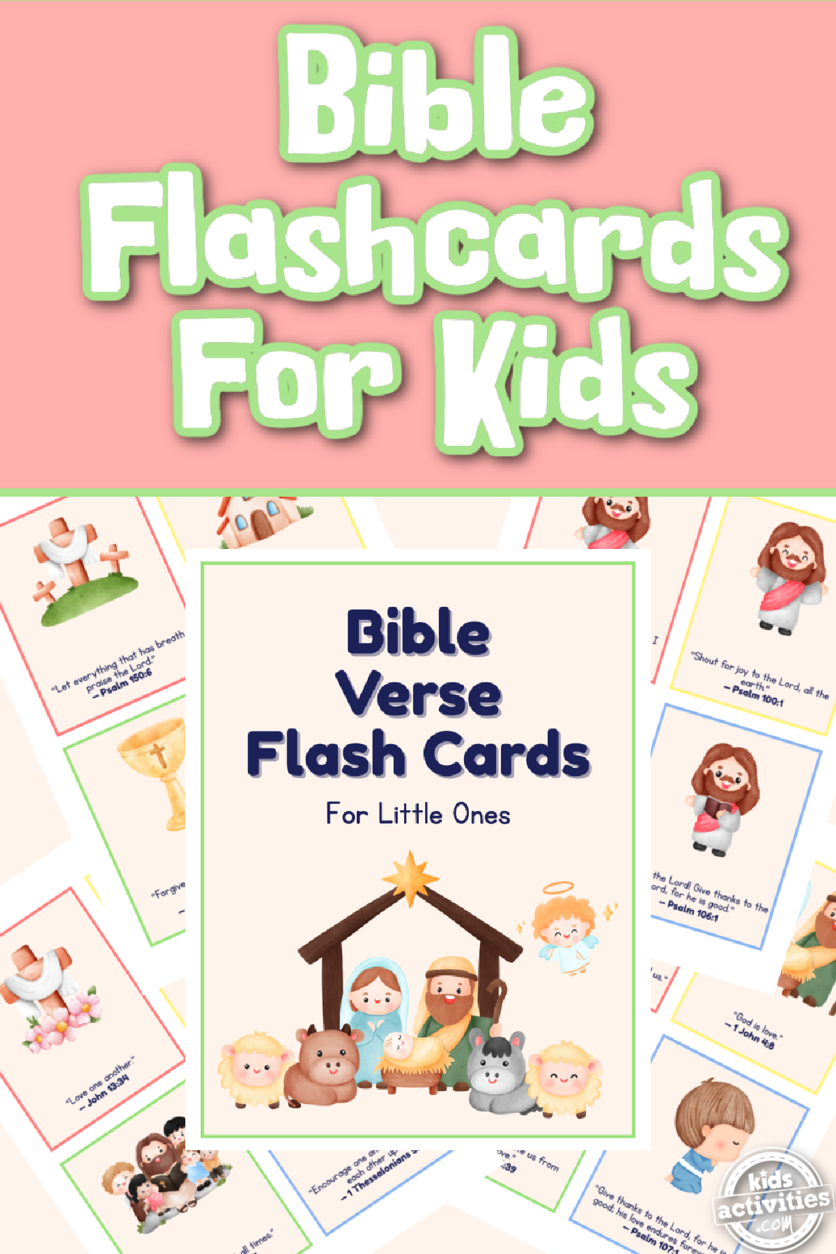 Bible Verse Flash Card printables against a peach and pink background- kids activities blog