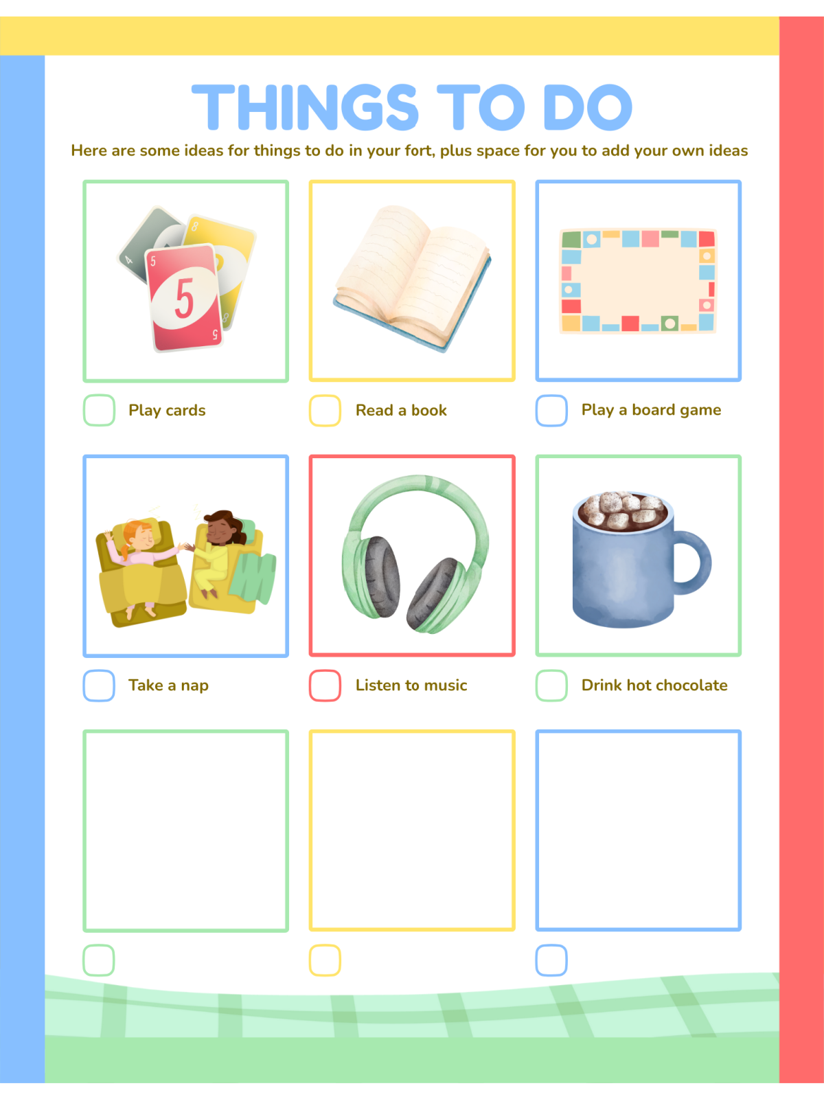 Build A Fort Kit- Things to do in your fort images with blanks and color- Kids Activities Blog