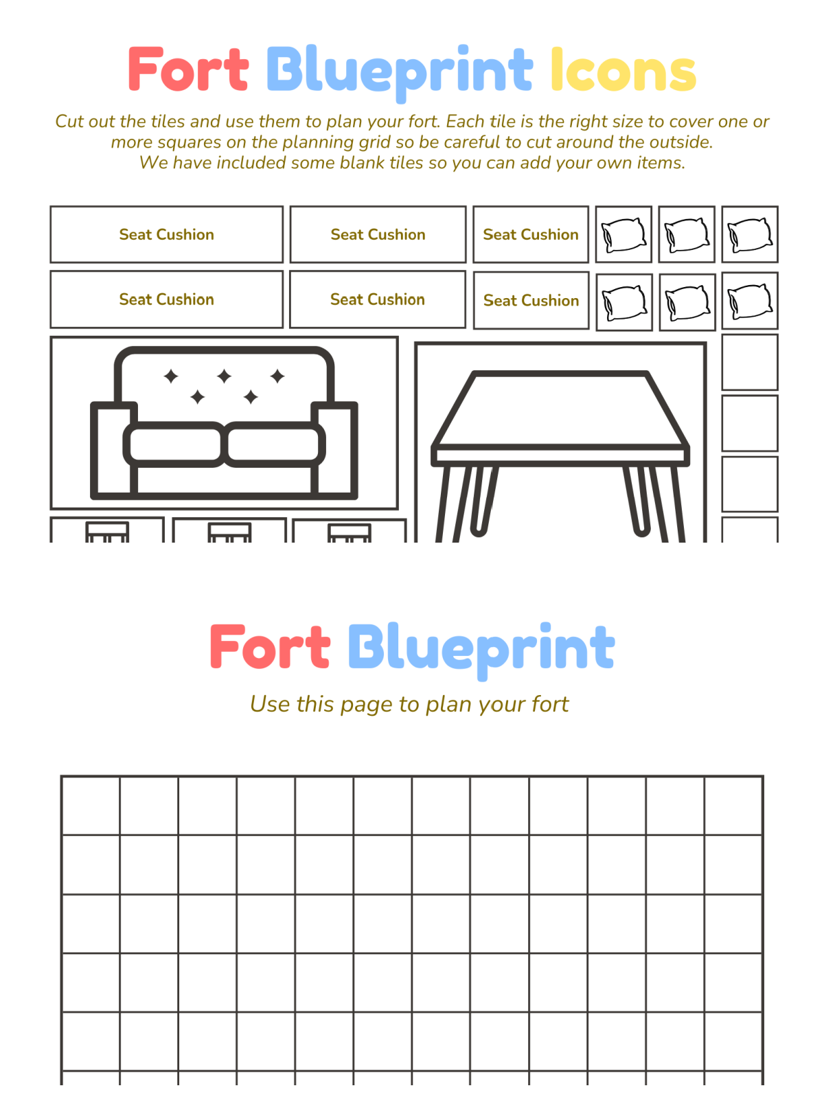 Build A Fort Kit- blue print with pictures and grid paper - Kids Activities Blog