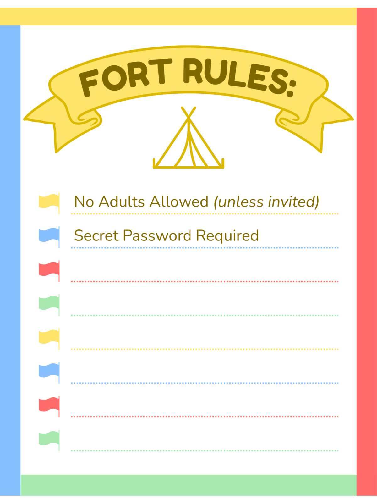 Build A Fort Kit- For rules with images, text, yellow, red, blue, green- Kids Activities Blog