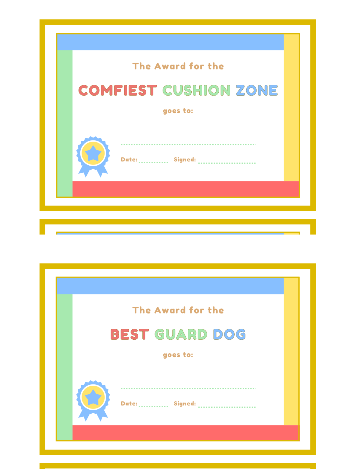 Build A Fort Kit- Awards with yellow, red, green, blue, and texts and a ribbon- Kids Activities Blog