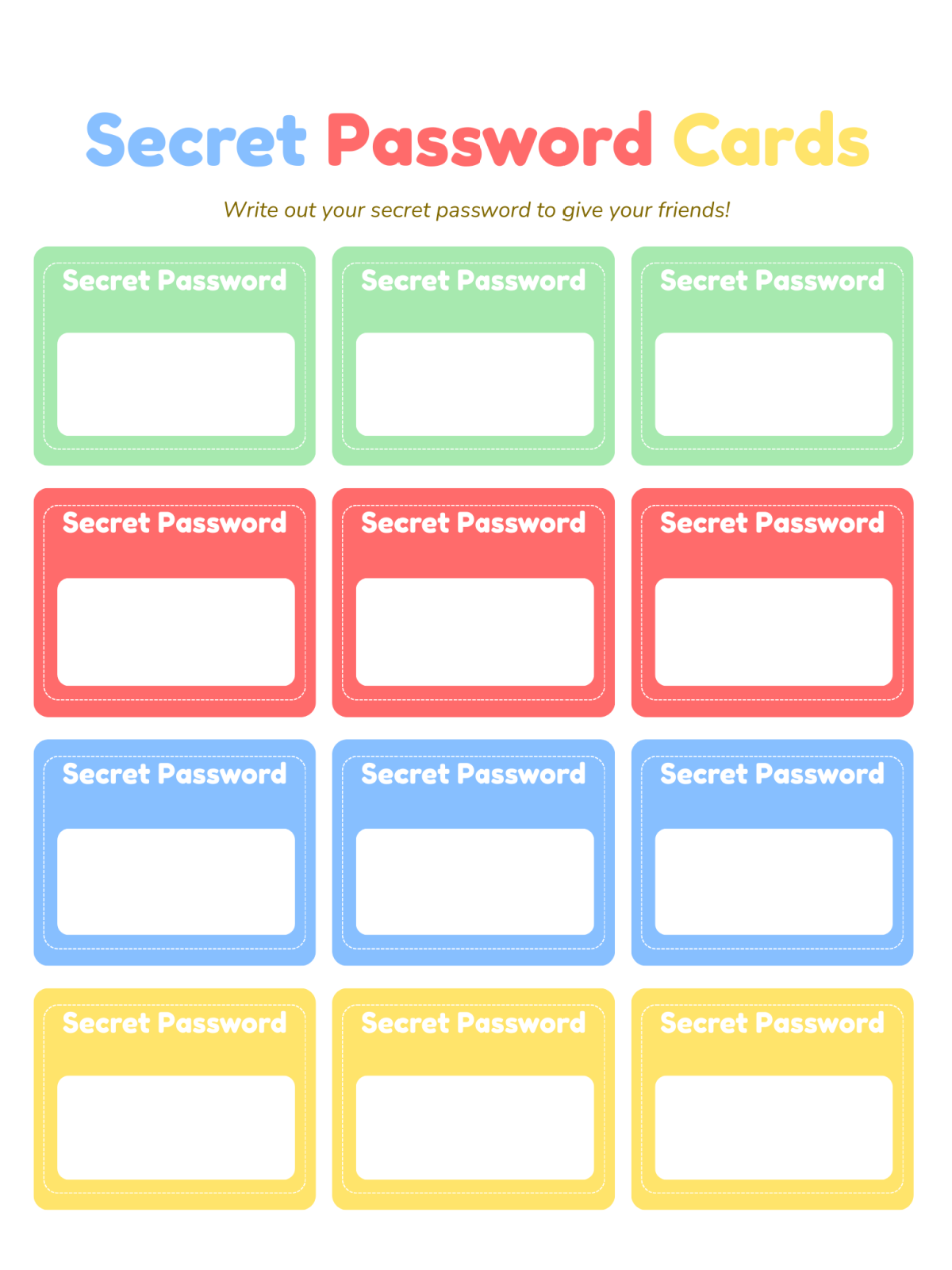 Build A Fort Kit- Green blue red yellow password cards - Kids Activities Blog