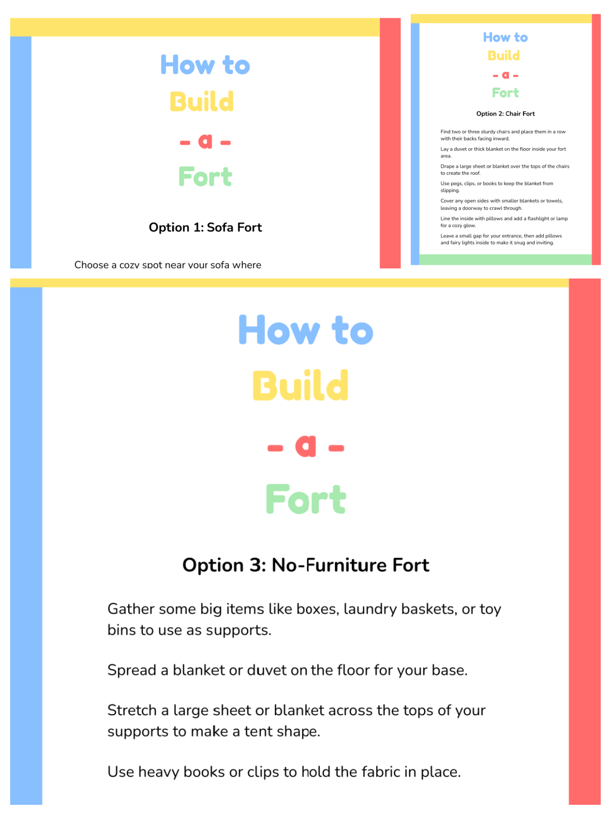 Build A Fort Kit instructions with sofa, chair, no furniture, text, and colors- kids activities blog