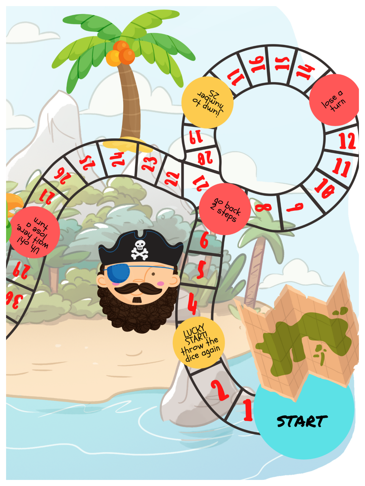 Pirates and Mermaid Game- Game board with pirate and map and numbers with an island background- Kids Activities Blog